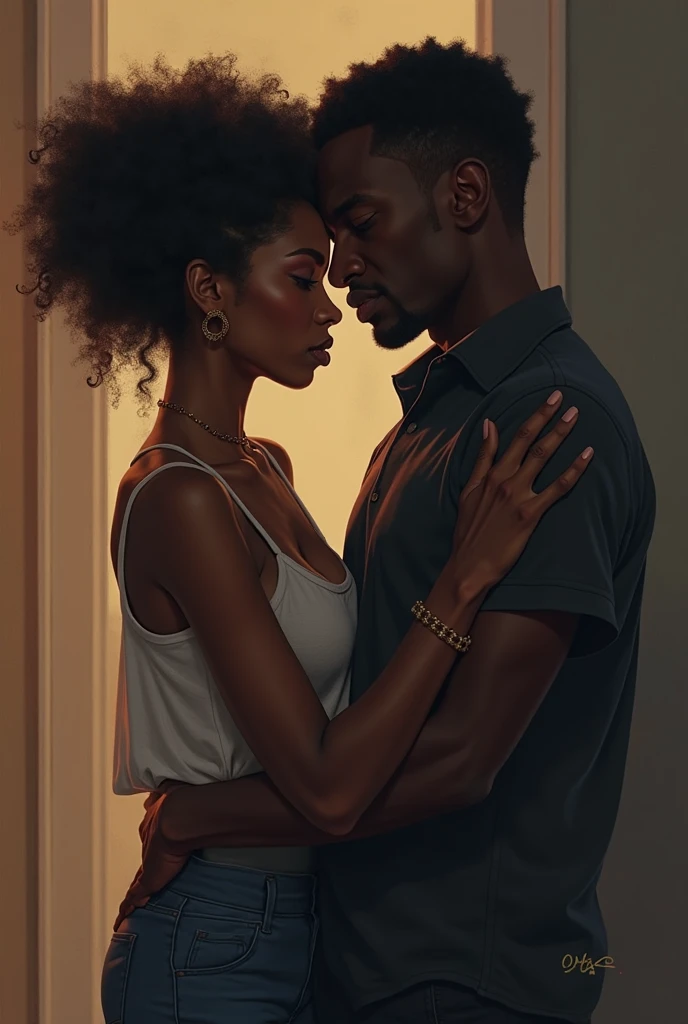 photorealistic, African American couple, kissing, beautiful, dark skin, sexy, (Best quality, 8k, 32k, Masterpiece, UHD), no bra, no shirt, naked, 32K wallpaper, romantic background, big ass, voluptuous, thick body figure, big lips, glowing skin, nighttime, candles and roses around, sweaty, dripping wet, passion, affectionate, hearts floating everywhere