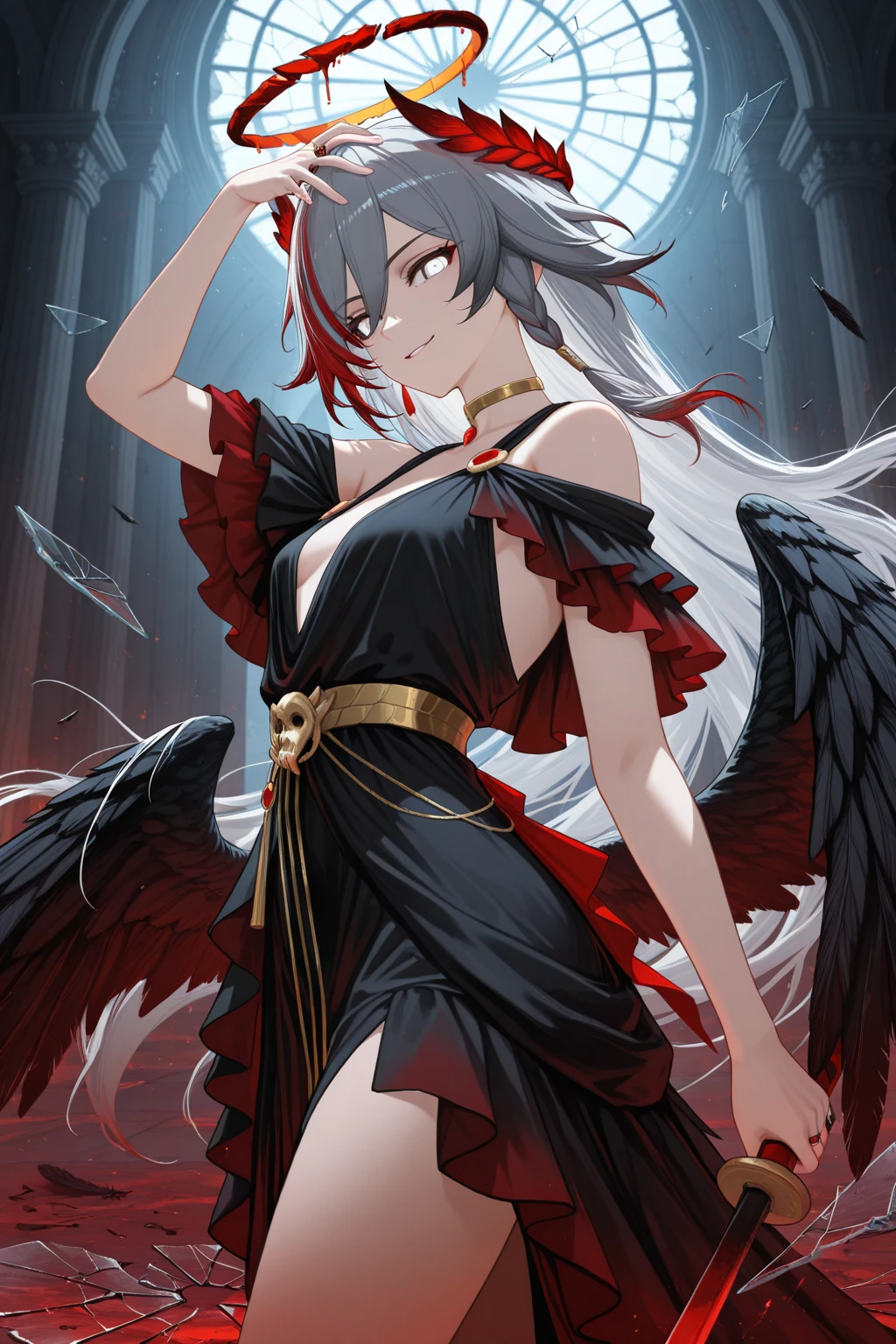 (8k, Highest quality, Manga style, View your viewers, Intricate details:1.3),(One woman, Naruto's Rope, 2Demon horns in the book, Multicolored Hair, Long Hair, Red eyes, Gray Hair), (Six alternating white angel wings and black devil wings:1.3), (China dress, See-through, Sweating, Full body portrait, Being hit by rain, Soaking wet)