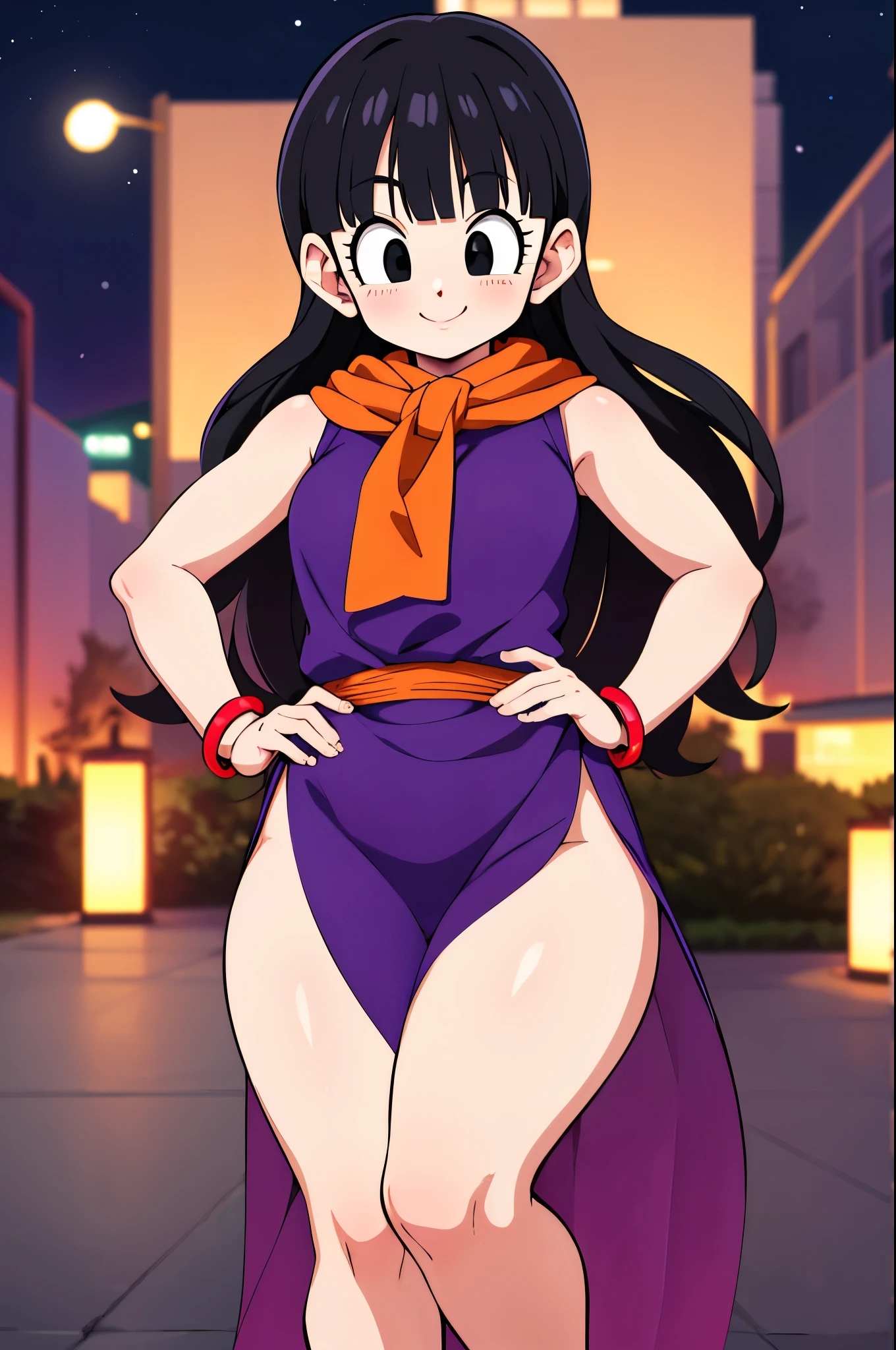 masterpiece, best quality, highres, dragon ball, single, loose hair, Franja Reta, sidelocks, black eyes , toys, orange scarf, orange cachecol, purple dress, sleeveless, bracelet, hand on hip, outdoor, two, thick things, showing legs, sexy smile, night, naughty, blink, pose sexy,
