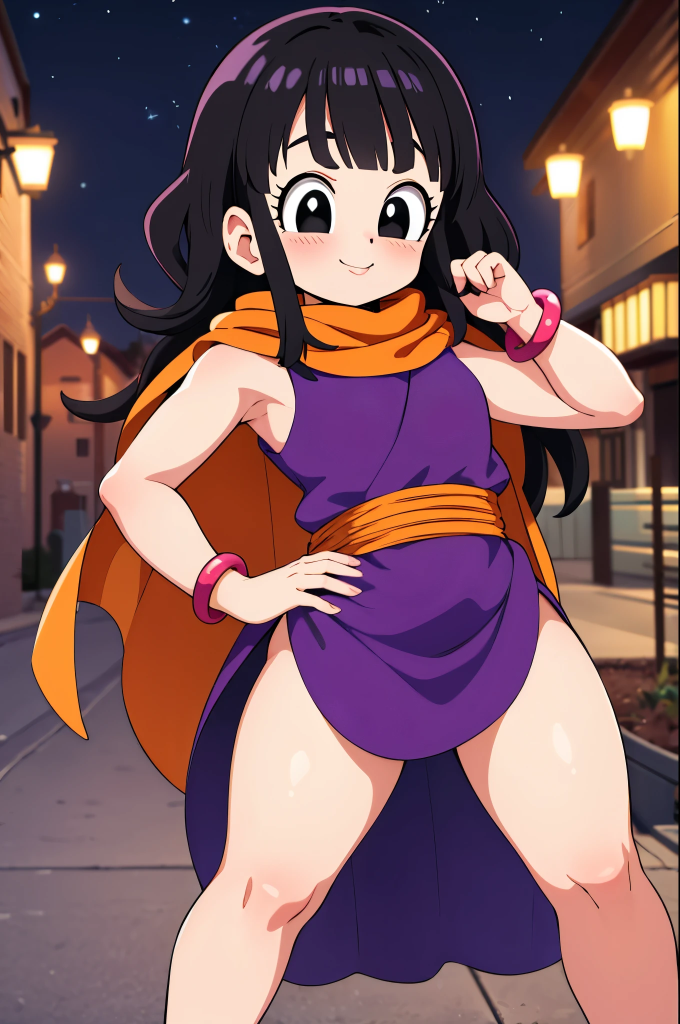 masterpiece, best quality, highres, dragon ball, single, loose hair, Franja Reta, sidelocks, black eyes , toys, orange scarf, orange cachecol, purple dress, sleeveless, bracelet, hand on hip, outdoor, two, thick things, showing legs, sexy smile, night, naughty, blink, pose sexy,