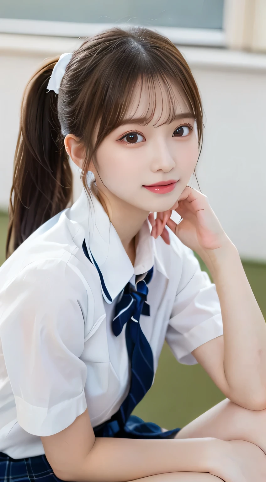 (beautiful girl、cute face、low ponytail、short ponytail where you sit and cross your legs、staring at the viewer:1.3)、top quality,8K image、 perfect double eyelids、happy、natural color makeup、Moist lips、white skin、( Strongly Blurred White Background 、high school uniform、school uniform、face close-up:1.3),classroom、Shapely breasts