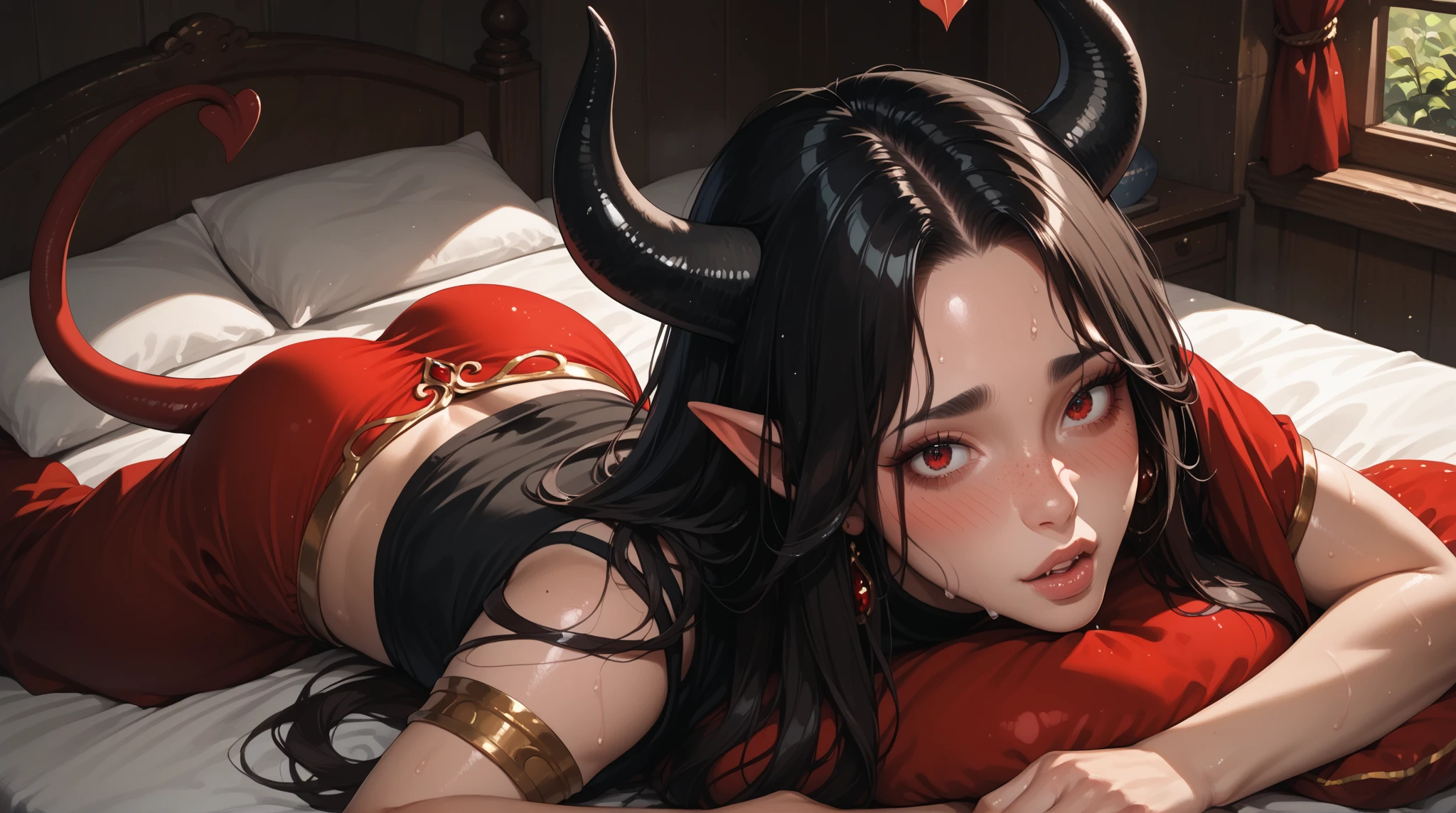 ((Top Quality, 8k, Masterpiece: 1.3)), Beauty, 1 Girl, Big: 1.3, Slender Abs: 1.1, Dark Brown Hair, (Lying in Bed, Open Legs: 1.2), Ultra Detailed Face, Highly Detailed Lips, Detailed Eyes, Double Eyelids, Twosome, horns, demon succubus