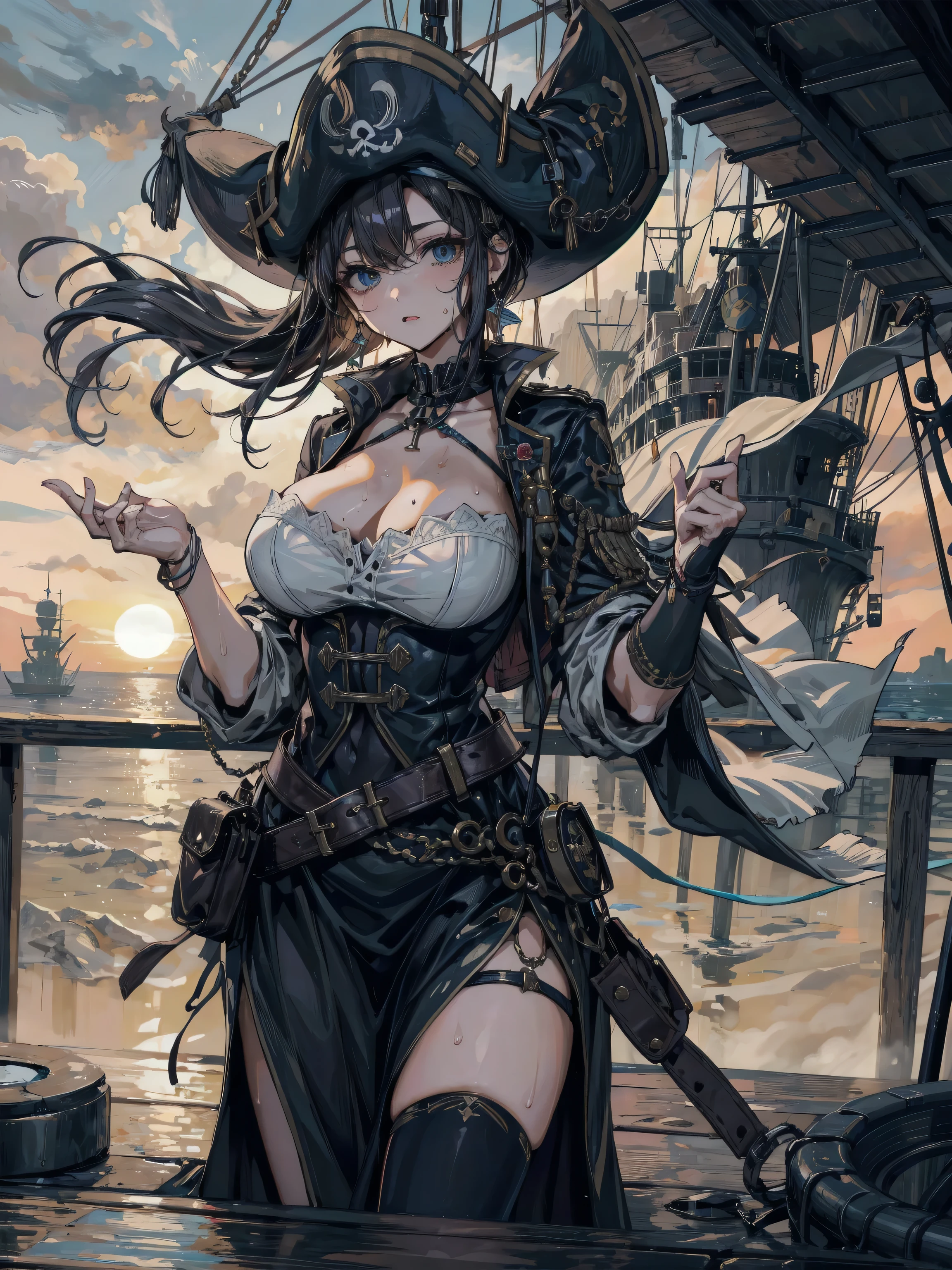 (Practical pirate clothing), Long-sleeved pirate top, Skirt, torn pirate hat, absurdres, RAW photo, extremely delicate and beautiful, masterpiece, Best Quality, ultra high resolution, 32k, hyperrealistic, ultra-detailed, detailed description, pale skin, 20 years old, tearful mole, earring, big tits, short medium hair, wavy hair, whole body shot,