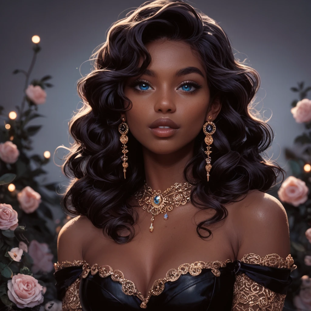 Girl, African American, but with long curly hair, exotic beauty, charismatic, sophisticated beauty, slender figure, C-cup breasts, naked in transparent lingerie, dressed in Gothic style, lying on a bed in a room of a Victorian castle, Victorian style, gothic, exquisite erotica , masterpiece, cinema, cinematic quality, art painting, 8k, cinematic quality