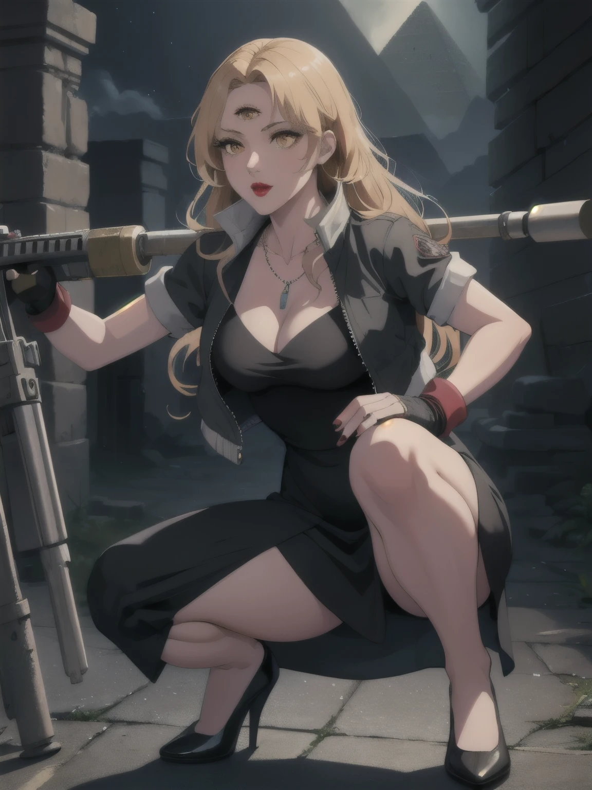 ((masterpiece, best quality)), outdoors,
Costum_opera_vectra_ownwaifu,
1girl, blonde hair, (third eye), large breasts, lipstick, makeup, yellow eyes, red lips, extra eyes, eyeball, long hair, very long hair, beautiful legs,
cleavage, jewelry, necklace, fingerless gloves, jacket, side slit, slit skirt, collarbone, black dress, black gloves, short sleeves, cropped jacket, long dress, open jacket, vanishing point, aggressive fighting pose, squatting, lower position, kick, holding black bazooka machine gun, indoor, pyramid, ancient ruins in the dark