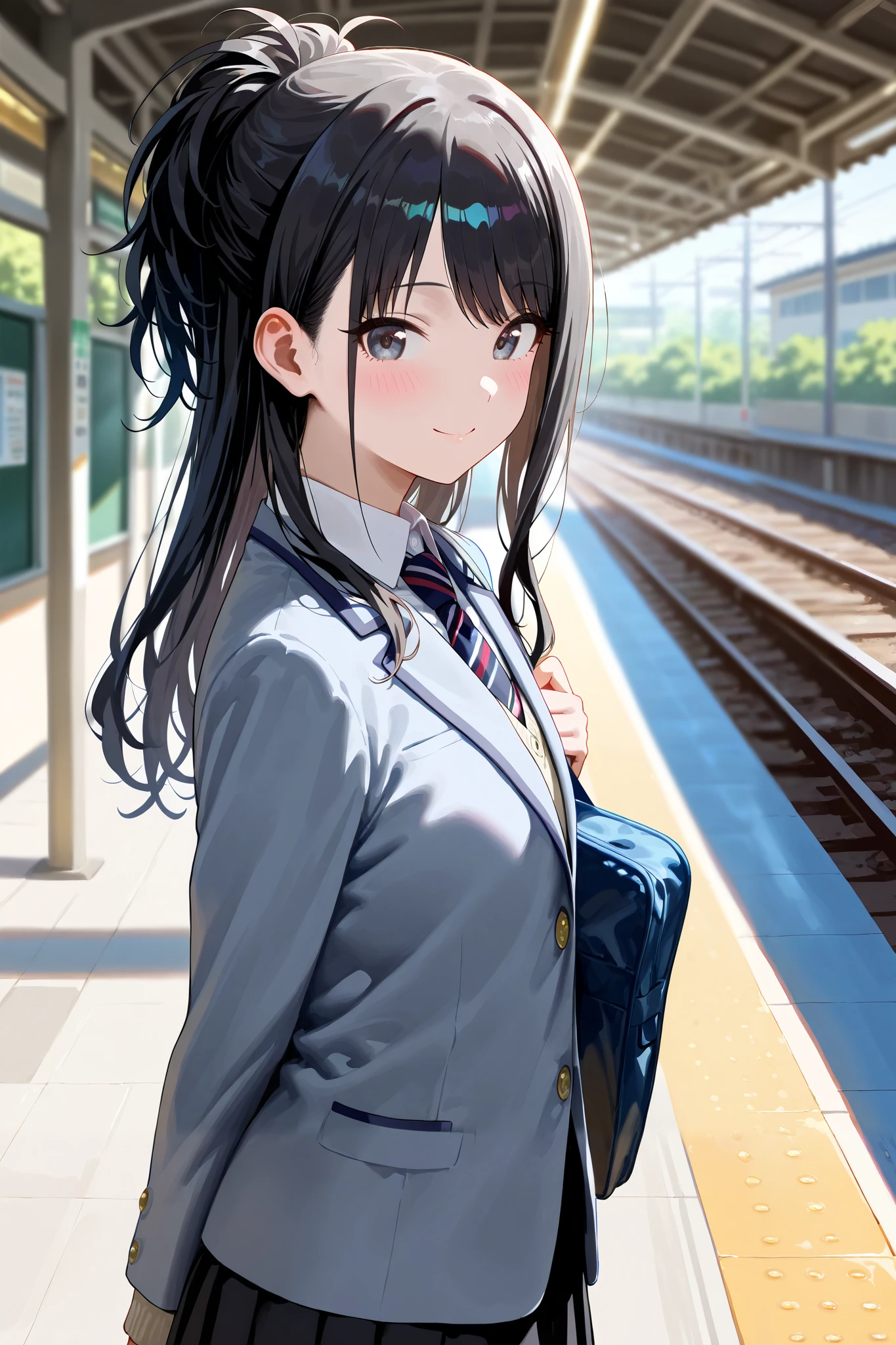 (masterpiece), (Highest quality), (Very detailed), (The best shape), (Best Shadow), (Absurd), (Detailed Background), (so beautiful), Shiny, Beautiful eyes in every detail, Extraordinary, Countershading, 8k, 32K, High resolution, Very Detailed CG ,
Score_9, Score_8_up, Score_7_up, Source_anime,
(Pastel painting:1.2), (Watercolor painting:1.2),
(Masterpiece, Detailed:1.2), (Foreshortening:1.2),
Cinematic, Dramatic, (depth of field:1.4),
(blurry background:1.4), (Realistic background:1.4), dynamic angle, from side,
1girl, solo,
Japan, Urban Station, (japanesetrainstation:1.2), platform,
Kazano Hiori,
the idolmaster shiny colors,
hiori kazano, ponytail, black hair, black eyes,
(school uniform:1.3), school bag,
White collar, tie, black tie, Stripes tie, gray tie,
(cardigan:0.9), Inner cardigan, linen cardigan,
blazer, (gray blazer:1.2), long sleeves blazer, (Button-up her blazer:1.5), (buttoned all the way up:1.4),
skirt, closed jacket, plaids skirt, black skirt,
(Blush:1.2),
portrait,
looking back,
focus on face,
smile, happy,
Realistic skin,
Shiny skin,