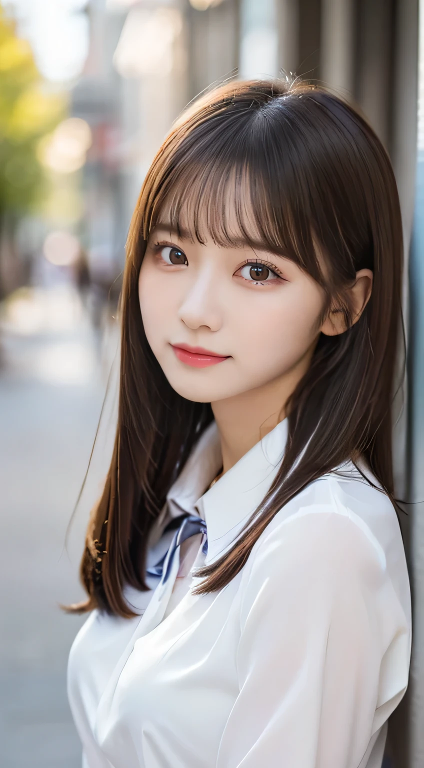 (beautiful girl、cute face、medium hair、staring at the viewer:1.3)、top quality,8K image、 perfect double eyelids、happy、natural color makeup、Moist lips、white skin、(straight hair, Strongly Blurred White Background 、high school uniform、summer、blouse:1.3),