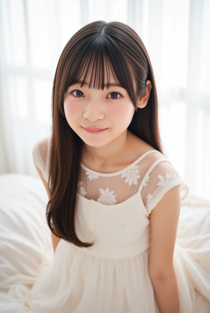 top-quality、Face Focus、softlight、(depth of fields)、超A high resolution、(Photorealsitic:1.4)、RAW Photography、(portlate:1.4)、(from the front side) 1 Japan girls、独奏、cute little、(full of shyness、a smile: 1.1)、(brown-eyed)、detailed beautiful faces、(Shorthair)、Bedrooms、sleep、(formal outfit:1.2)