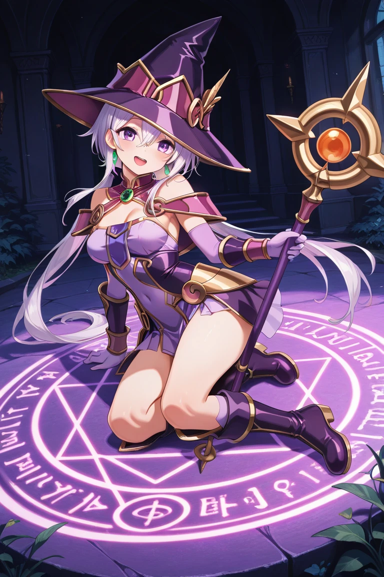 (8k, Best Quality, ultra-detailliert, Professional lighting), 1girl, (Beautiful girl: 1.3), tareme, droopy eyes, large breasts, plump, black bikini, witch hat, cloak, ring with gems, high-heels, knee sox, purple long hair, twintails, volumey straight hair, bangs, simple black background, (magic circle), light particles, magical wand, spell casting, chanting magic, from above, smile, stretching, legs apart