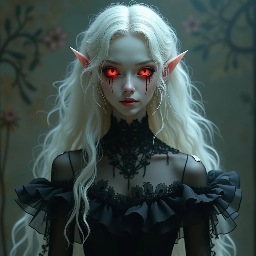 a woman with blood on her face and a knife in her mouth, vampire portrait, androgynous vampire, female vampire, vampire girl, lolth, of an elden ring elf, bloody + concept art, portrait of an elf queen, dark elf, dark elf princess, scary vampire, drow, sad vampire, horror concept art