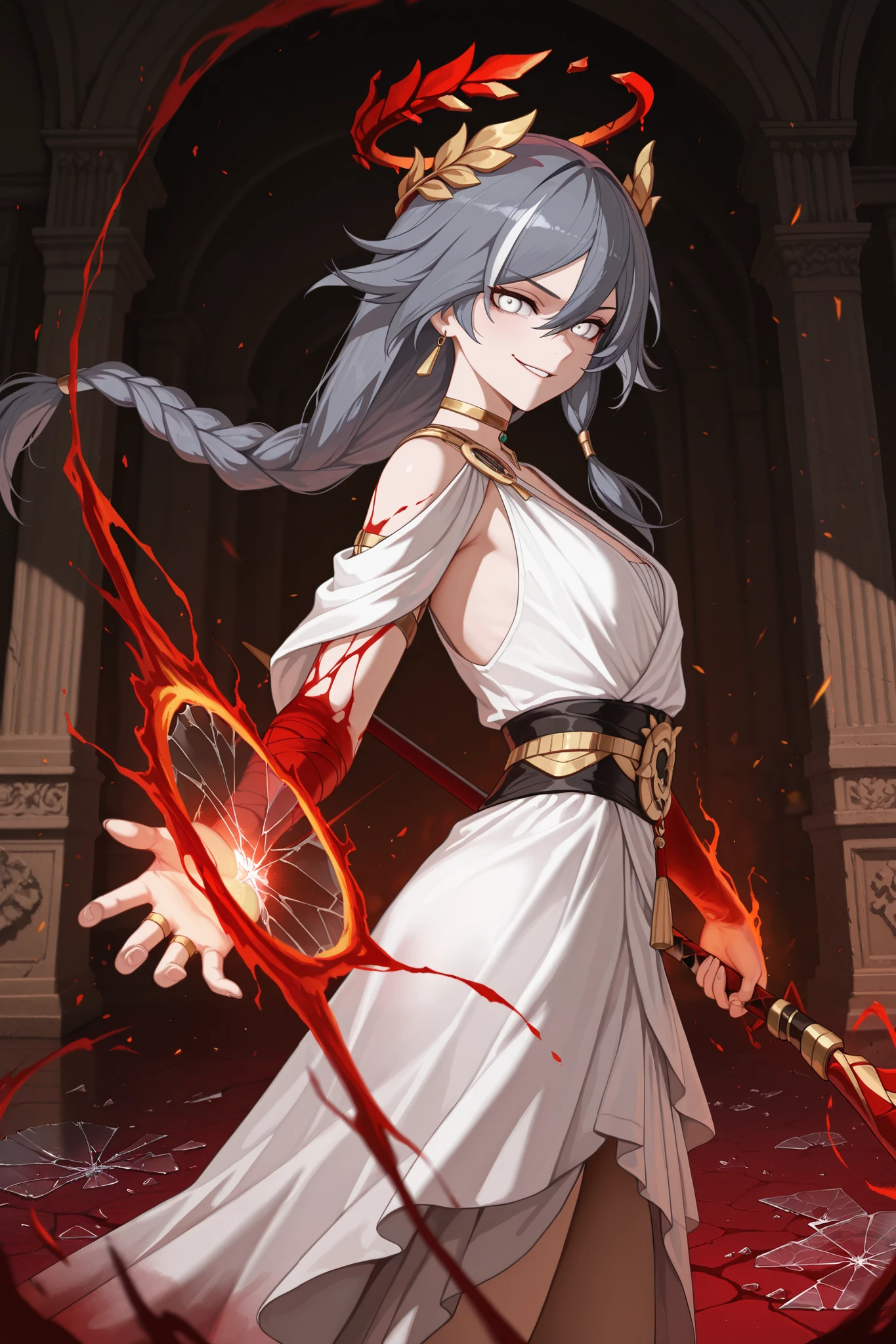 by [|inoitoh||arknights],
1girl, solo, alone, single character, (FuHua, Fol005, Fh_Hos:0.66), ( side shot, dynamic shot, cowboy shot focus, cowboy shot:1.2), inside a sea of blood, tumultuous ocean of blood, arrogant laugh,fu hua, white and gold toga, gray hair, white hair braided hair, multicolored hair, white eyes, ring eyes, broken red and bleeding halo, greco-roman clothes, ancient greek clothes, gold choker, laurel crown, magic, (excessive magic, chaos magic, void magic:1.4), shattered body, (shattered glass, broken glass, fallen angel aesthetic french dress:1.4), french royalty, french princess, french aristocrat, assassin's creed,
looking at viewer, greco-roman architecture, massive overwhelming blood magic, cursed by gods, smirk, sinister, turned body, pulling a red bleeding naginata out of a portal, aggressive aura, burning floor,
(mature, exquisite detail, 8k, 4k, sharp focus, ultra-detailed, detailed background, absurdres, best quality, amazing quality, very aesthetic, high resolution, newest, hyper-detailed:0.78)
 
