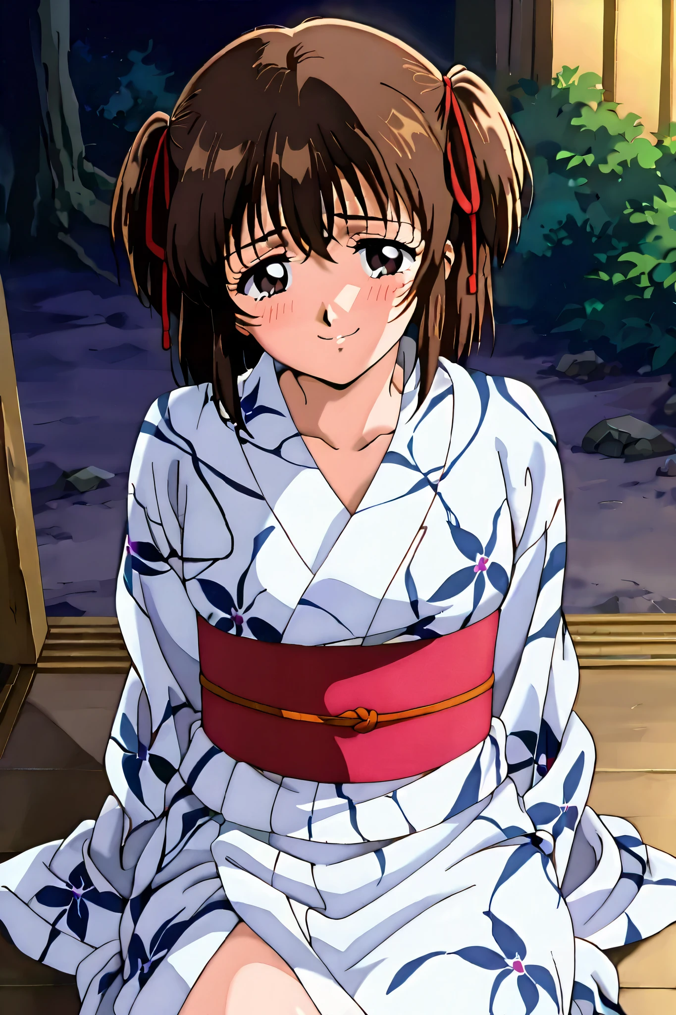 kayo,dark brown eyes,dark brown hair,two side hair,shoulder-length short hair,hair tied thin red ribbons,kimono,yukata,labiomental sulcus,nose shadow,lower lip shadow,masterpiece,best quality,amazing quality,score_9, score_8_up, score_7_up, source_anime,retro art style,1 girl,solo,smile,watery eyes,shy,whole body,full length