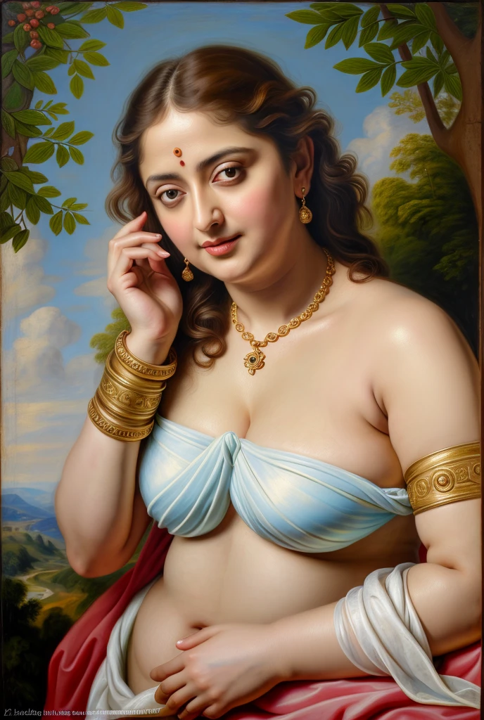 Looks like Anushka Shetty, (solo), middle aged woman, Masterpiece, Best quality, high clarity eyes, beautifully styled hair, curvy, sexy navel folds, feminine curve, motherly figure, critically flawless,sharp picture, Full portrait, High pixels, perfect face, perfect eyes, beautiful face, perfect hands,perfect fingers, in Peter Paul Rubens style, by Peter Paul Rubens, baroque style, acrylic on canvas, highly detailed, description: "Create a nymph inspired by the tales of Greek or Roman mythology, embodying the essence of a natural element or location, and possessing a unique ability or trait that sets her apart.", beautiful nature in the background, Brilliant colors,
