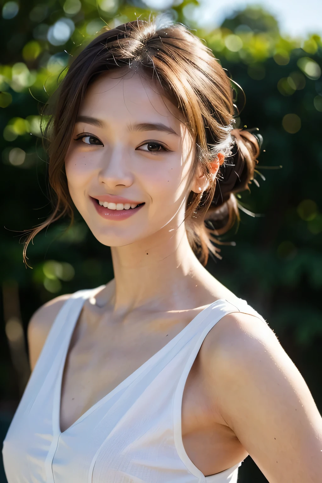 (Raw Photo), (Photorealsitic), (Masterpiece), (Best Quality), High Resolution, 8K, (Intricate Details), (Voluminous Light), Female nude, nude, 35 Years Old, Medium Hair, middle breasts cleavage, layered hair, brown hair, very fine eyes, source order, very fine eyebrows, very fine skin, very fine mouth, very fine nose, cute like an idol, happy smile, (thick lips), (looking at the viewer), (full body shot)