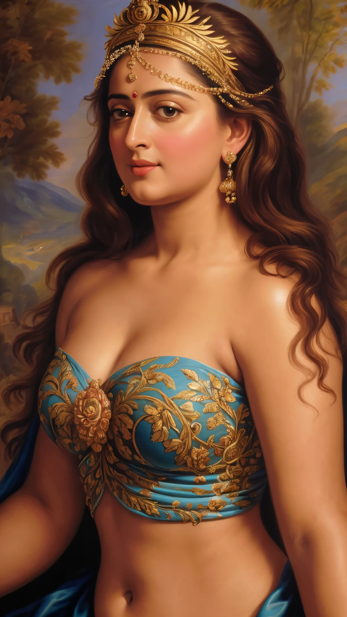 Looks like Anushka Shetty, Masterpiece, Best quality, high clarity eyes, critically flawless,sharp picture, Full portrait, High pixels, perfect face, perfect eyes, beautiful face, perfect hands,perfect fingers, in Peter Paul Rubens style, by Peter Paul Rubens, baroque style, acrylic on canvas, highly detailed, description: "Create a nymph inspired by the tales of Greek or Roman mythology, embodying the essence of a natural element or location, and possessing a unique ability or trait that sets her apart.", strapless Bra of ancient times, strapless bralette, armpits showing, detailed armpits, ravishing beauty queen, 