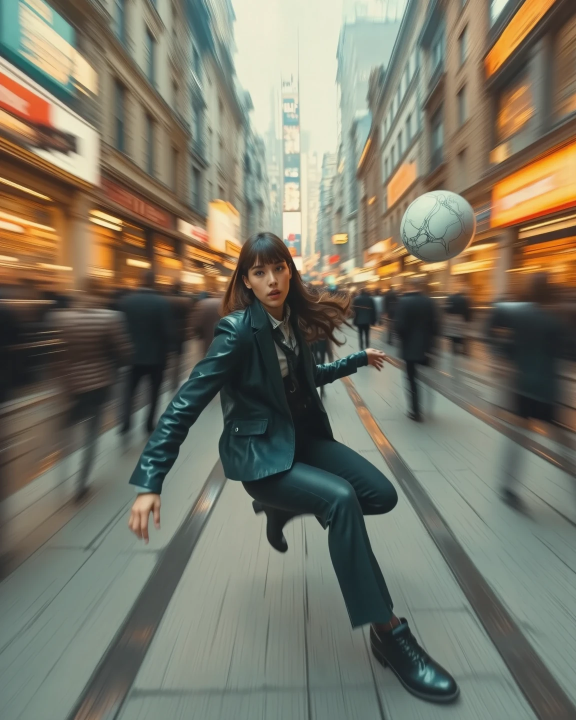A dodgeball grazing the body, dodging dodgeball like in Matrix bullet time effect, A character that leans back to dodge dodgeballs like the bullet time effect in The Matrix. (Matrix bullet time effect), bullet time dodge, comical style character, city setting, 1970's Scandinavian vibe, (masterpiece, best quality:1.2) 
