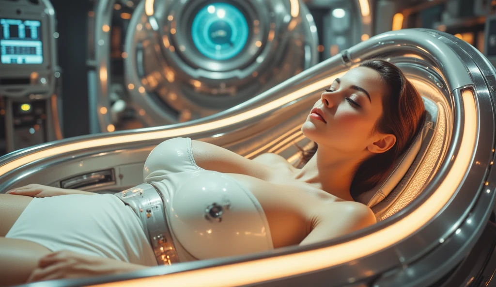 Full body view, ((gorgeous realistic pixie cut short brunette Turkish female on a realistic futuristic space station)), LED power button on shoulder, ((sleeping in coffin shaped futuristic cryopod)), ((cushioned bed with display and glowing control surfaces)), ((scifi circlet on head)), weightless & floating, (photorealistic), (in white and dark blue vinyl), (((sheer transparent biosuit bodysuit))), (with medical sensor harness and connected wires:1.0), (Style-Glass), (()), hdr, antialiased, 8k, ((syd mead)), sharp details, ((masterpiece)), (painterly), (good anatomy), (good proportions), (good composition), (dramapaint), (style-sylvamagic)