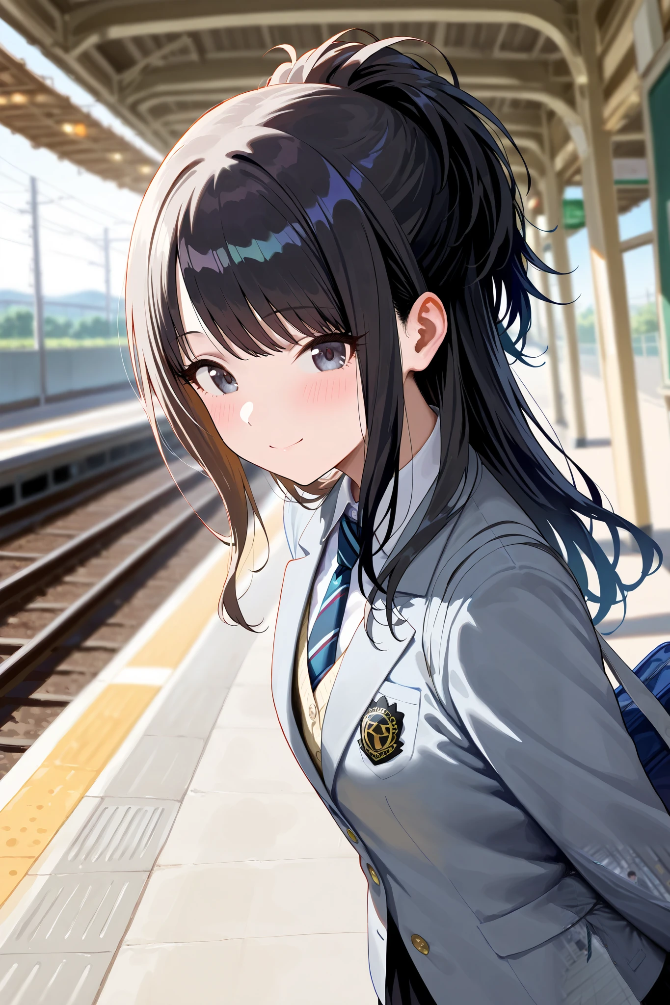 (masterpiece), (Highest quality), (Very detailed), (The best shape), (Best Shadow), (Absurd), (Detailed Background), (so beautiful), Shiny, Beautiful eyes in every detail, Extraordinary, Countershading, 8k, 32K, High resolution, Very Detailed CG ,
Score_9, Score_8_up, Score_7_up, Source_anime,
(Pastel painting:1.2), (Watercolor painting:1.2),
(Masterpiece, Detailed:1.2), (Foreshortening:1.2),
Cinematic, Dramatic, (depth of field:1.4),
(blurry background:1.4), (Realistic background:1.4), dynamic angle, from side,
1girl, solo,
Japan, Urban Station, (japanesetrainstation:1.2), platform,
Kazano Hiori,
the idolmaster shiny colors,
hiori kazano, ponytail, black hair, black eyes,
(school uniform:1.3), school bag,
White collar, tie, black tie, Stripes tie, gray tie,
(cardigan:0.9), Inner cardigan, linen cardigan,
blazer, (gray blazer:1.2), long sleeves blazer, (Button-up her blazer:1.5), (buttoned all the way up:1.4),
skirt, closed jacket, plaids skirt, black skirt,
(Blush:1.2),
portrait,
looking back,
focus on face,
smile, happy,
Realistic skin,
Shiny skin,