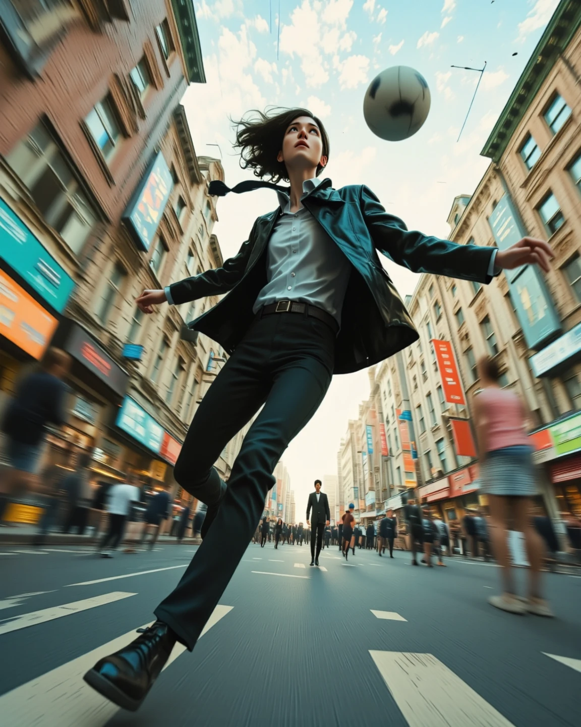 A dodgeball grazing the body, dodging dodgeball like in Matrix bullet time effect, A character that leans back to dodge dodgeballs like the bullet time effect in The Matrix. (Matrix bullet time effect), bullet time dodge, comical style character, city setting, 1970's Scandinavian vibe, (masterpiece, best quality:1.2) 