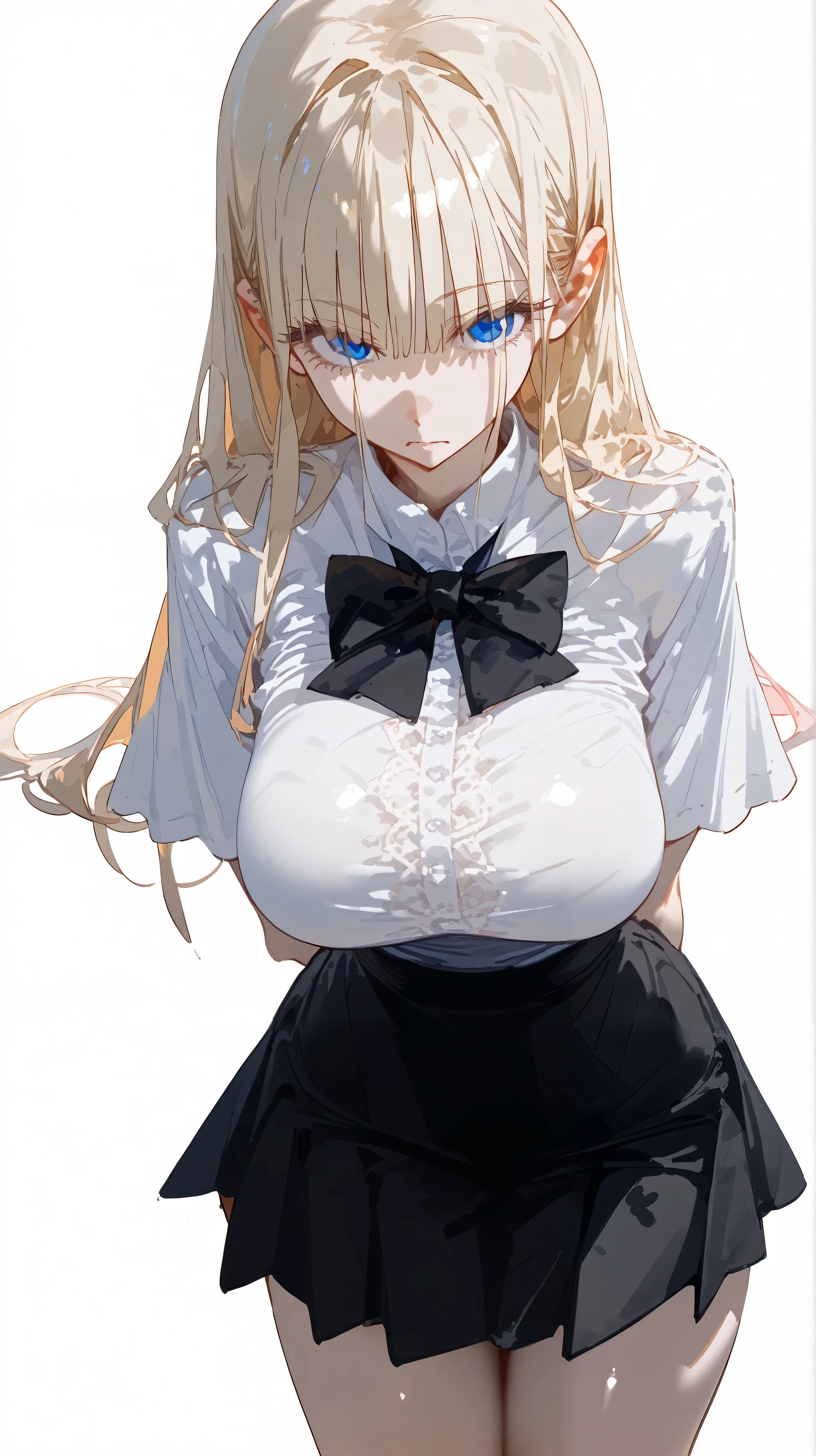 (masterpiece, best quality), 1girl, standing with legs somewhat together, leaning forward slightly, hands behind back, curious yet calm expression, (cream-colored hair, long hair), (blue eyes), looking at viewer, break 17yo, huge long breasts, (white shirt tucked neatly into black skirt), simple background, white background