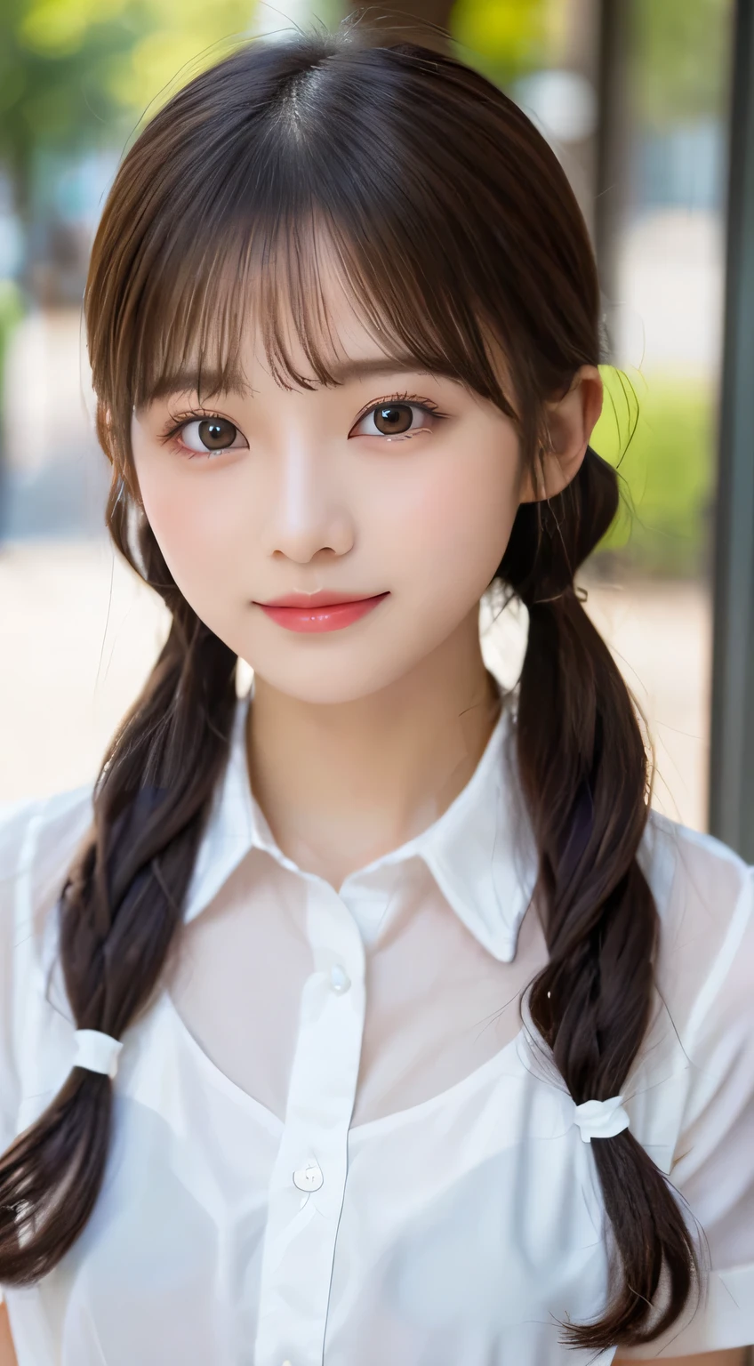 (beautiful girl、cute face、staring at the viewer:1.3)、top quality,8K image、 perfect double eyelids、happy、natural color makeup、Moist lips、white skin、(twin tails、 Strongly Blurred White Background 、high school uniform、summer、blouse:1.3),