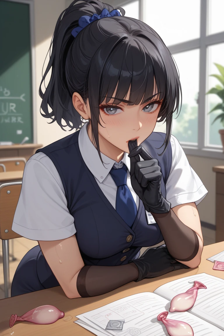 (masterpiece, best quality), a young black haired girl office secretary dressed in a transparent white blouse and black office skirt and black pantyhose ,sitting in an office chair, holding pencil, (detailed skin:1.3),(detailed eyes), (sharp focus),
