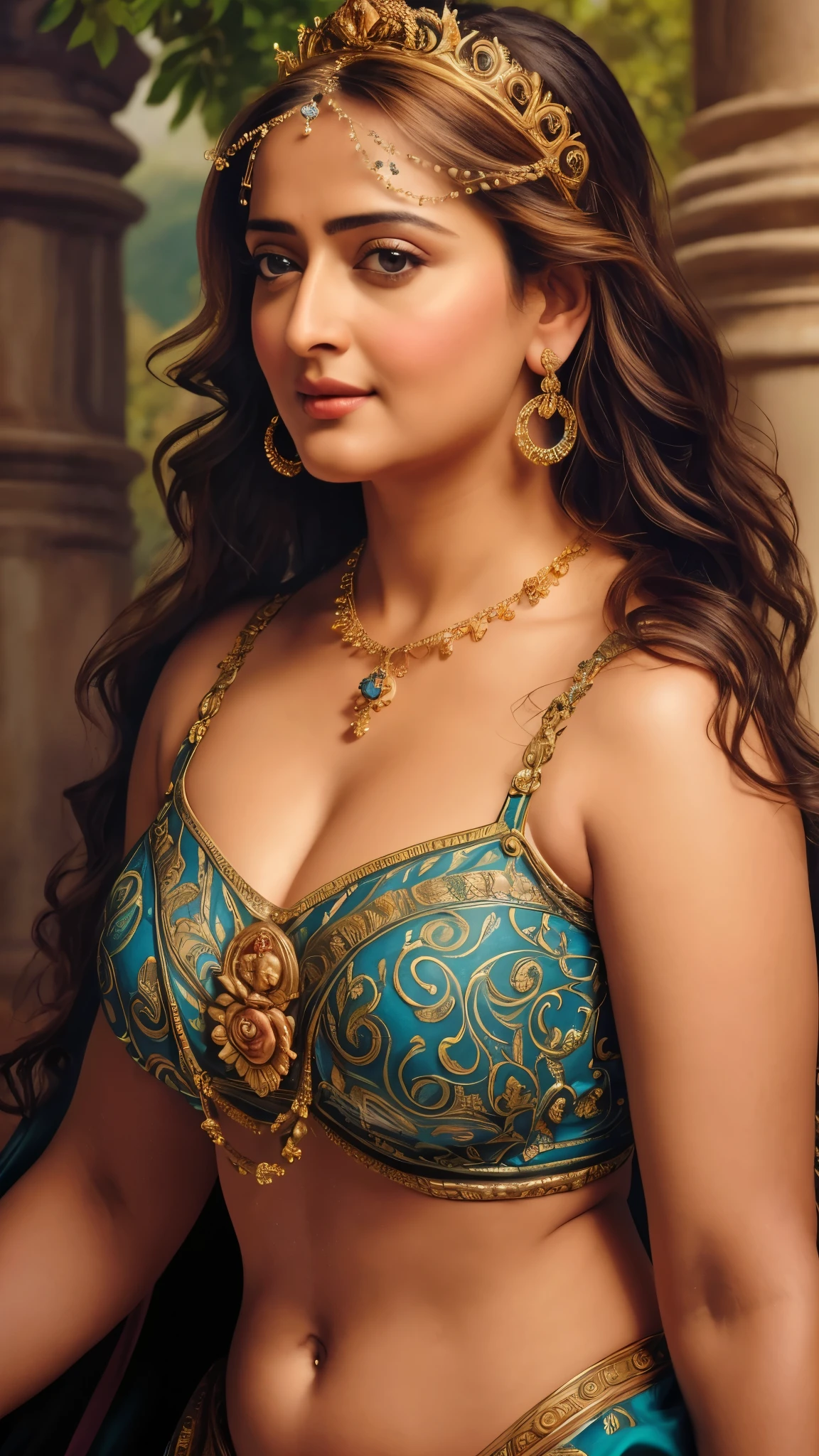 Looks like Sandeepa Dhar, "Design an illustration of a stunning and powerful warrior queen with a regal presence. She should possess a combination of strength and grace. Imagine her in ornate, yet practical armor that complements her figure. The armor should be adorned with intricate details and symbols representing her royal lineage and warrior prowess. Her weapon of choice could be a unique and elegant sword or a mythical weapon that reflects her status as a formidable leader.
Her facial features should exude confidence and determination, with piercing eyes that convey both fierceness and wisdom. The queen's hair, whether long or short, should flow dynamically, hinting at her movement in battle. Consider incorporating elements that emphasize her connection to nature or a mythical realm, such as ethereal backgrounds, symbolic animals, or mystical symbols.
Pay attention to the color palette; use rich, bold colors that enhance her royal aura. Experiment with lighting to highlight specific details and create a sense of drama. Ensure that her posture and expression capture the essence of a queen who commands respect and admiration. Feel free to draw inspiration from historical warrior queens or fictional characters, blending elements to create a unique and captivating image."