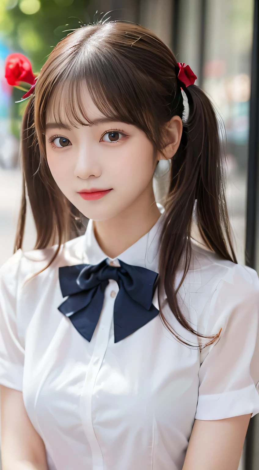 (beautiful girl、cute face、staring at the viewer:1.3)、top quality,8K image、 perfect double eyelids、happy、natural color makeup、Moist lips、white skin、(short twin tails、rose twin tail, Strongly Blurred White Background 、high school uniform、summer、blouse:1.3),