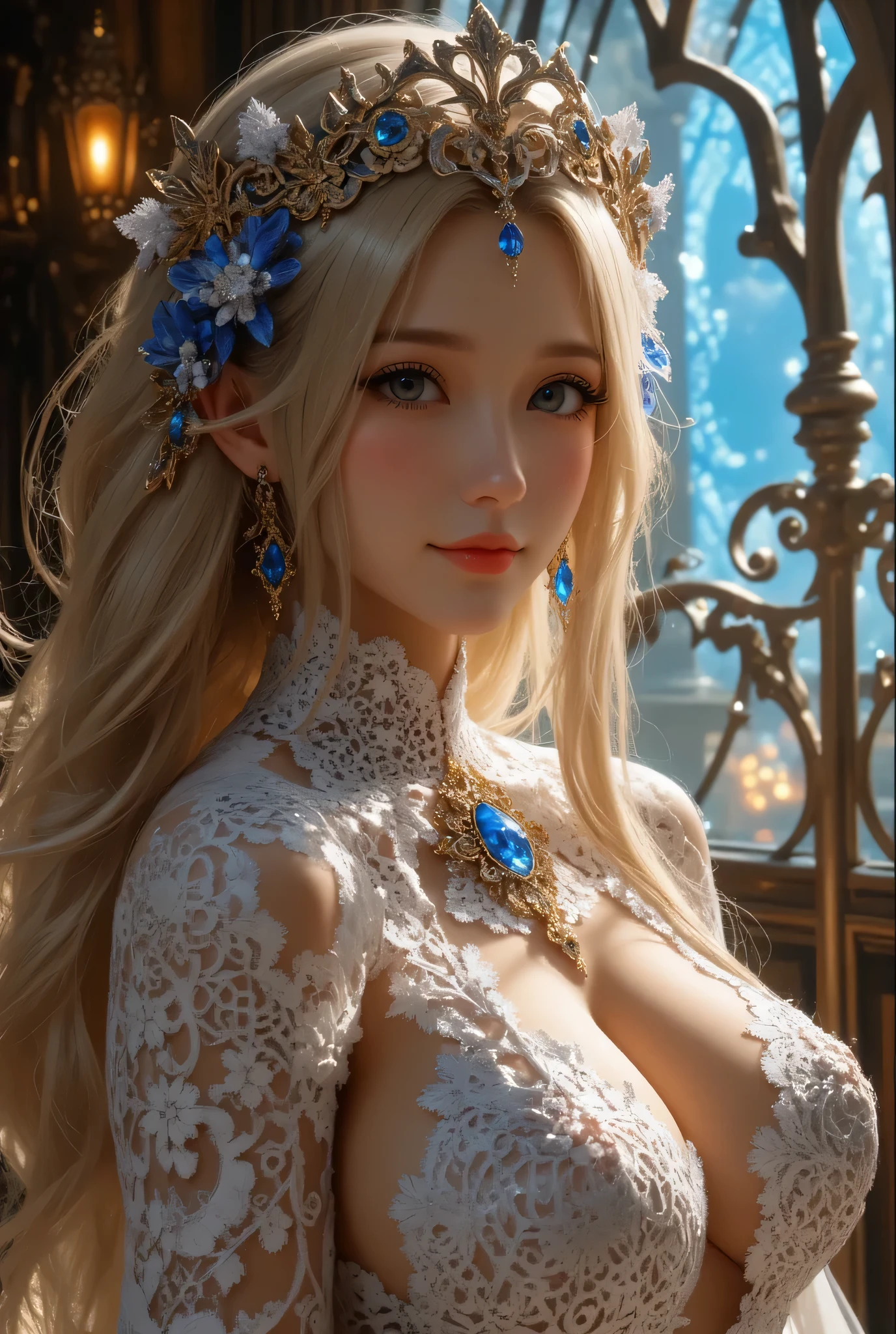 A beautiful woman and she has long, blonde hair with blue eyes and she has white skin and a small nose shaped like a dragon.