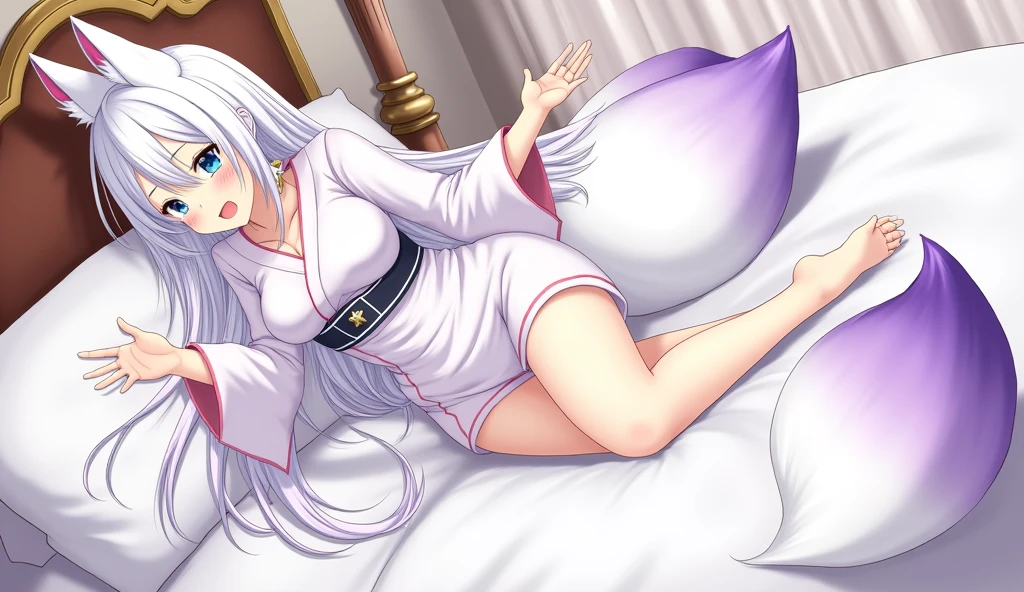 1girl,20s,solo,white short dress,white hair,long hair,elf ears,horns,white pantyhose,cleavage,closed eyes,((lying down, on the carpet)),smile,happy,o:,