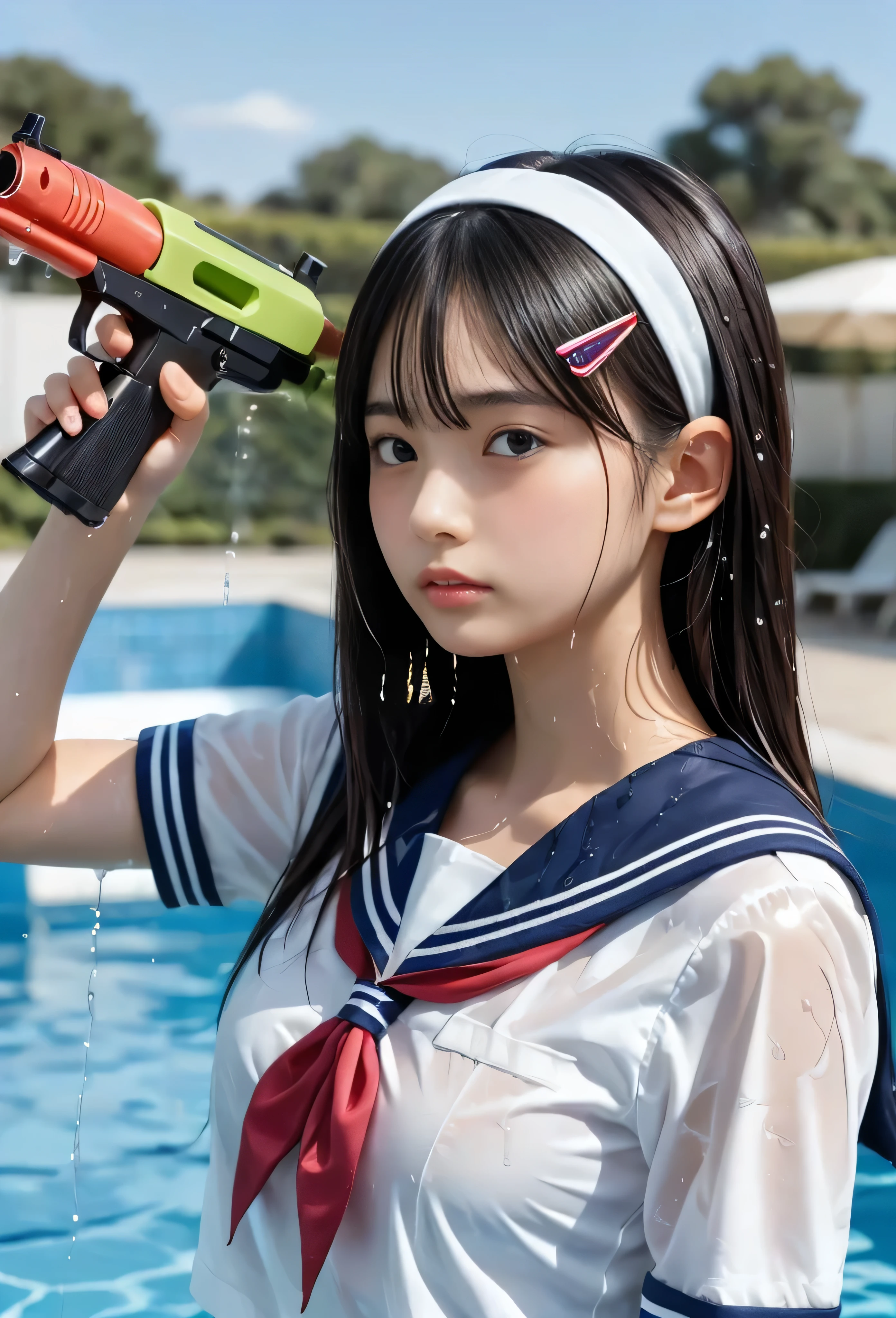 (masterpiece, 最high quality, Ultra A Hi-Res), ( from side, full body photo), (((Very beautiful girl))), Very Cute Girls, wet solo Japanese girl 、Natural Makeup, masterpiece 、 top quality 、 super accurate、 realistic、 high school student model 、(ater Spray Gun:1.4), Heavy water splash、 RAW photo 、4K Ultra HD、1080P、 oily skin、 brown eyes、 black hair、 wet straight hair 、 beautiful well-groomed hair 、 no expression、 selfie、 side view、 break、((( Focus on Beautiful Lips )))、 break ((( wet sailor collar , sailor cuffs、 no pants)))、((( wet sailor collar , white headband 、 hair clip for hair)))、((Midsummer blue sky 、 outdoor pool、 blur the background))、((( Moist medium pointed chest、sex)))、((( anatomically accurate))), Nipples,