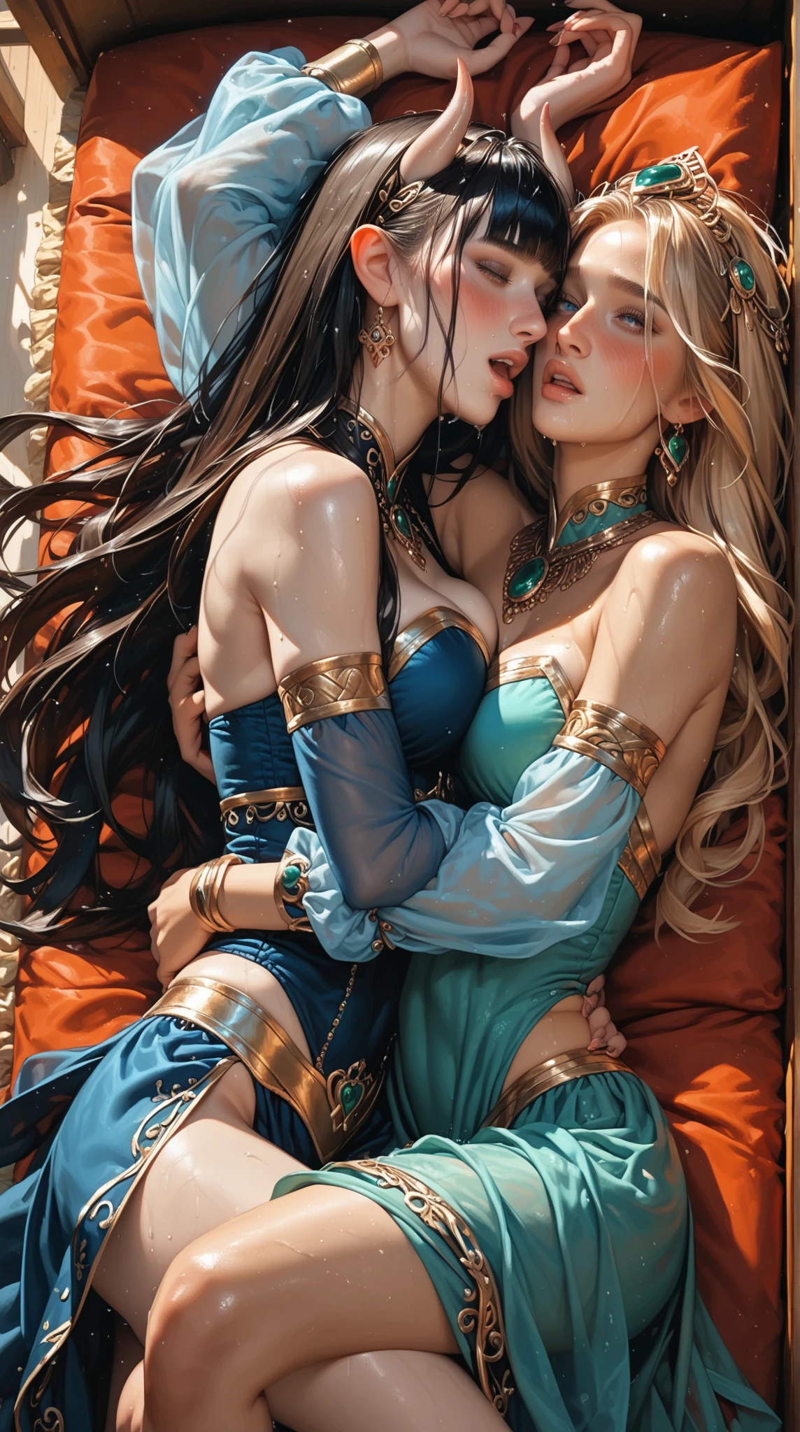trois belles femmes, 25 ans, aux cheveux violets et une robe violette soyeuse, calin, s'enlaçant, carressing eachothers, portant un grand collier en forme de coeur, chiffre de sablier, figure symétrique, visage très détaillé, beau visage, yeux bleus apaisants, lèvres violettes luxuriantes, souriant, séduisant, flirter avec la caméra, superbe illustration numérique, environnement quantique mystérieux, éléments cosmiques et atmosphère éthérée, topless, pink chest tattoo, undressing eachothers