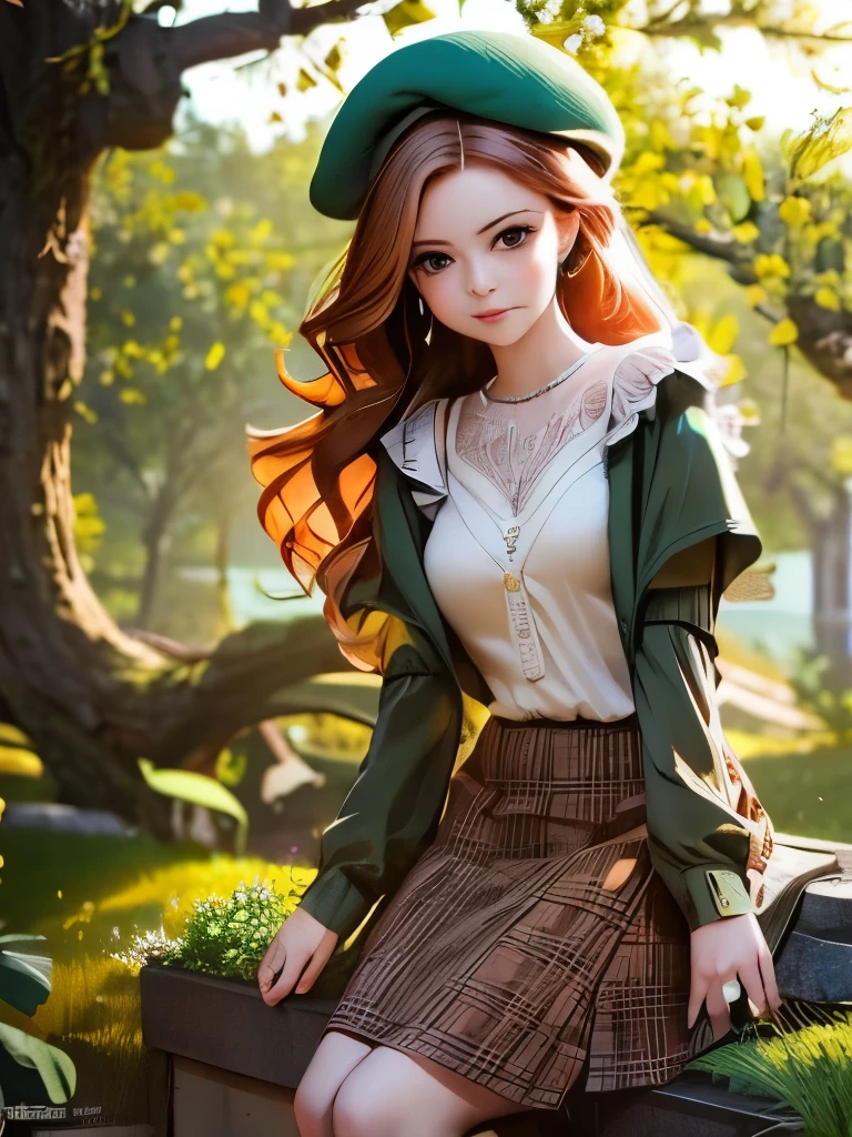Woman, One, 18 Years old, British, White, Small breasts, Cute face, Horny face, Ginger hair, Seductive pose, Forest, Spring, Day light, Soft light, Warm light, Realism, Masterpiece, Marvel style, Mini skirt, Tight top, Intricate clothes, Kilt