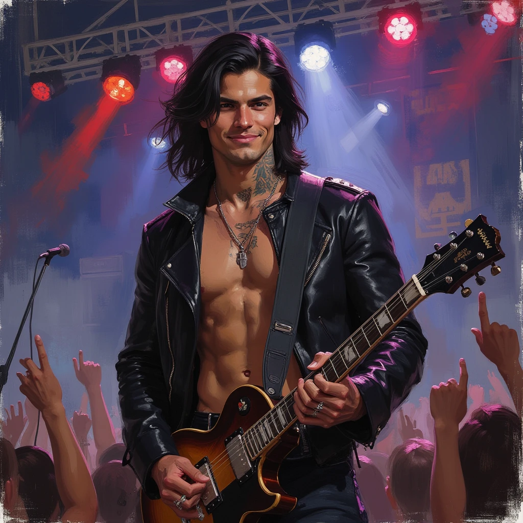 An 18-year-old young man, {{tanned skin}}}, {{dark brown hair}}}, {{{black eyes}}}, {{{athletic and well-defined body}}}, {{{naked and with teenage appearance with prominent penis}}}, holding a red guitar.  On the stage