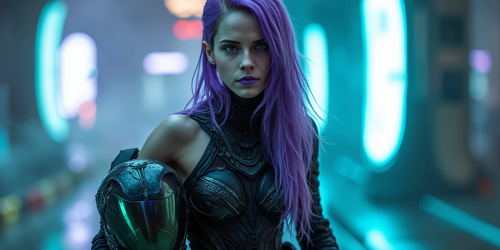 A hyper realistic, ultra-detailed portrait of a stunning female alien warrior with light purple skin, vibrant green eyes, and long, flowing purple hair that shimmers under the light. She has an athletic, toned humanoid physique, exuding both strength and elegance. She wears a sleek, black futuristic bio-suit, designed with an intricate, organic texture that seems to fuse with her body. The suit has strategic cut-outs revealing sections of her skin, emphasizing both form and function. She holds a matching helmet under her arm, its visor reflecting the neon glow of a high-tech alien world behind her. The setting is a futuristic, sci-fi environment with glowing holographic displays, mist-covered ground, and an otherworldly atmosphere. The lighting is cinematic, with a dramatic mix of soft ambient glow and sharp highlights, emphasizing the contours of her body and the intricate details of her suit. The composition captures every microscopic detail, from the fine texture of her skin to the subtle reflections in her eyes, ensuring a hyper realistic, high-end digital photography look. The overall feel is a perfect blend of sci-fi elegance, mystery, and futuristic allure.