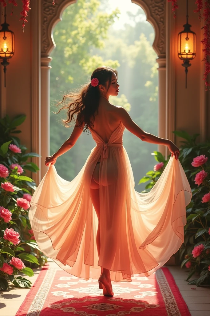 Beautifull girl beautifull gown, see her ass,(bright lighting,romantic setting),dreamy background,,dark hair, mesmerizing gaze, , soft skin, alluring beauty, artistic portrait, high-quality image, vibrant colors,translucent long silk gown, mosquito net,