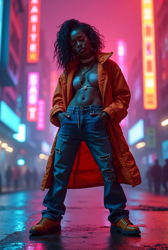 1990s , 1 asian female, 90s streetstyle hiphop fashion, baggy thick edgy loose clothing, Melbourne shuffle jumping shuffling footwork , expressive pose, urban allyway environment, neon lights, cinematic lighting,, extremely detailed, photorealistic, 8k, film grain, dynamic composition, high quality, masterpiece