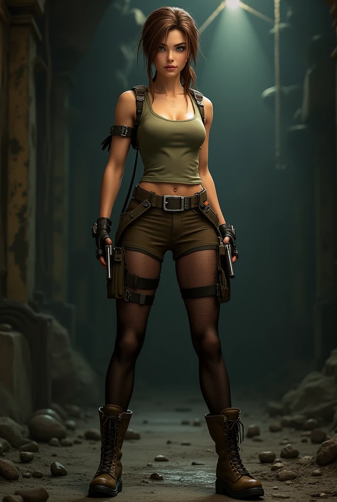 tomb raider sexy de fente en una ciudad en ruinas con dos pistolas