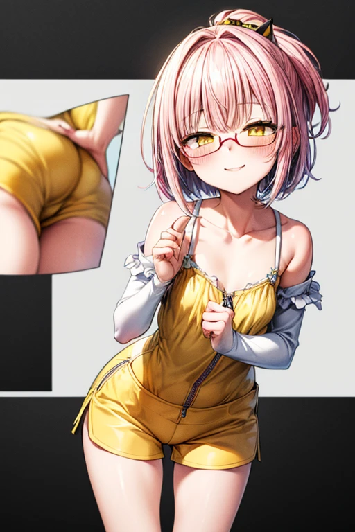 ((Table t○p, highest quality, Hi-Res Lucifer,Anime Screen Capture、Pixel perfect, 8k)))、nsfw、Perfect Anatomy、(((low length、Small breasts、Wide Hips、Wide hips、Thick thighs、Left hand on hip)))、(((Short Hair、Wavy Hair)))、(((White Ao Dai、blue striped panties)))、Sweat, vapor,(Orange Eyes)、((Pink Hair))、 ((((:d、blush))))、(In town)