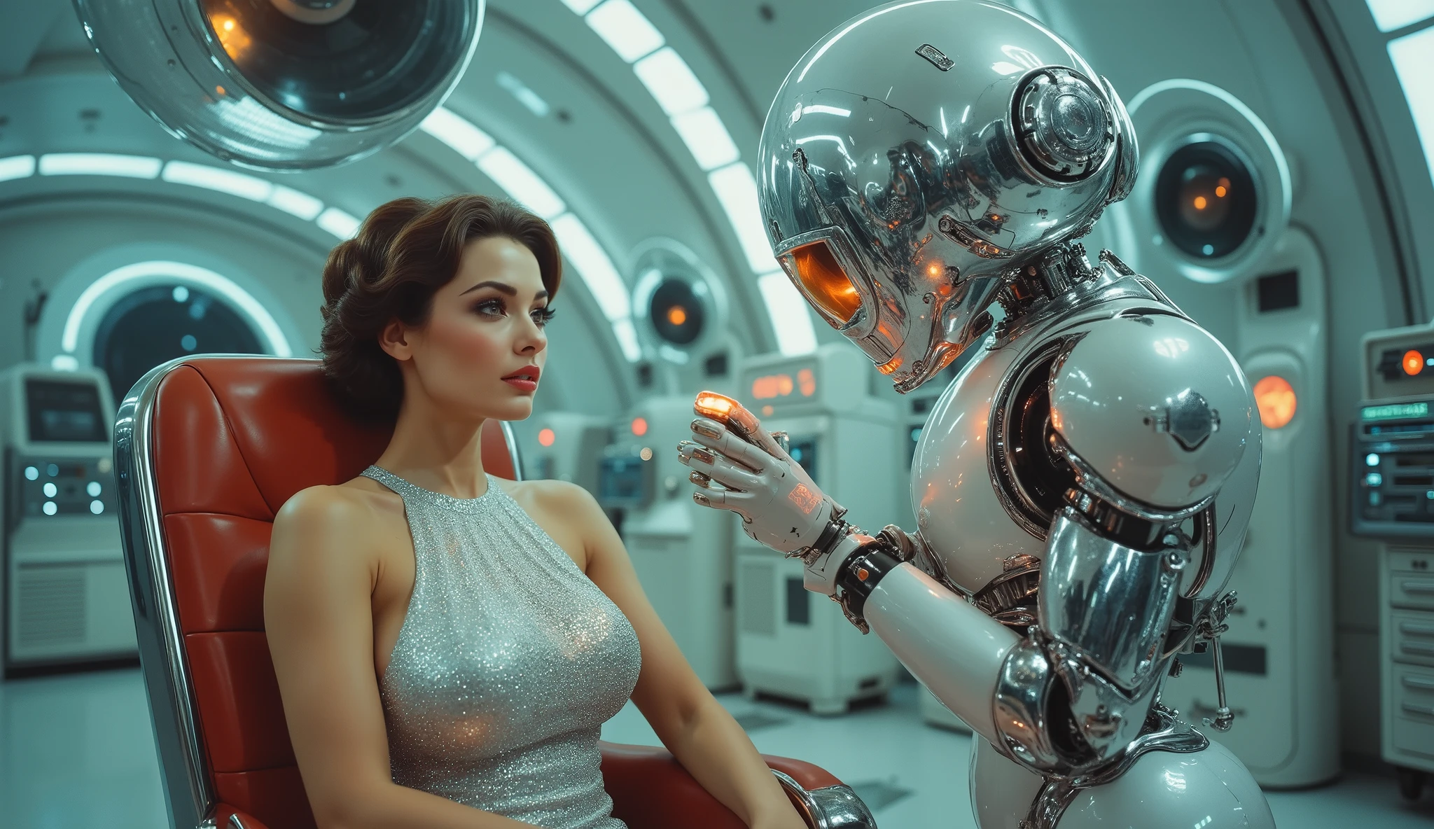 A glamorous woman in a shimmering silver dress sits in a futuristic reclining chair while a chrome medical robot analyzes her blood through a glowing, semi-transparent tube. The location is a luxurious medical hall featuring retro-glass donor capsules, surrounded by floating neon-lit medical devices.