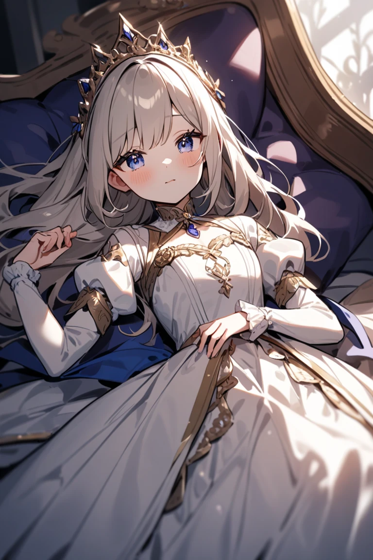 ((Sleeping in bed)),Overhead Shot,fgoAnastasia, Anastasia, blue eyes, Grey Hair, Hair between the eyes, (Hair on one eye:1.5), Long Hair, bangs,Exposed shoulders,
break blue Cape, brown hair band, Cape, dress, Fur trim, hair band, Royal Robes, sash, tachi-e, white dress, Wide sleeves,
break looking at viewer,
break indoors,
break (masterpiece:1.2), Highest quality, High resolution, unity 8k wallpaper, (figure:0.8), (Beautiful attention to detail:1.6), Highly detailed face, Perfect lighting, Highly detailed CG, (Perfect hands, Perfect Anatomy),