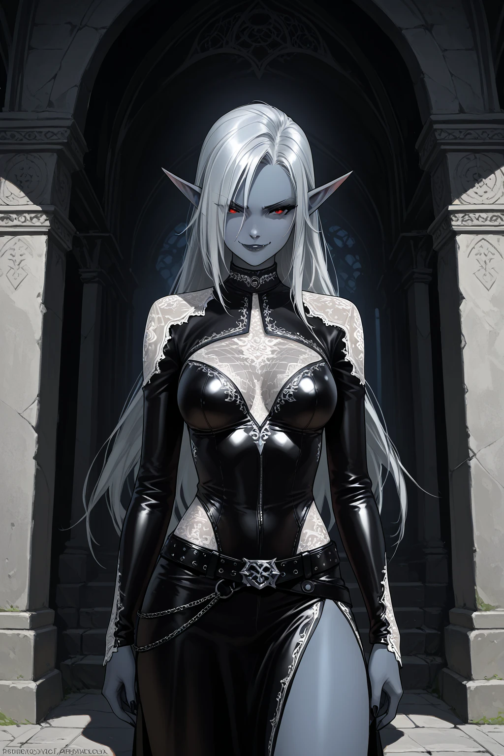 a demon with horns and white hair is posing for a picture, succubus, a demonic skin, Nectrotic skin, Burnt skin, female demon, hyperdetailed fantasy character, dark demon succubus, portrait of an demon queen, demon princess, of an elden ring demon, demon character with smirk, demon, demon queen, complex fantasy character, portrait of demon royalty