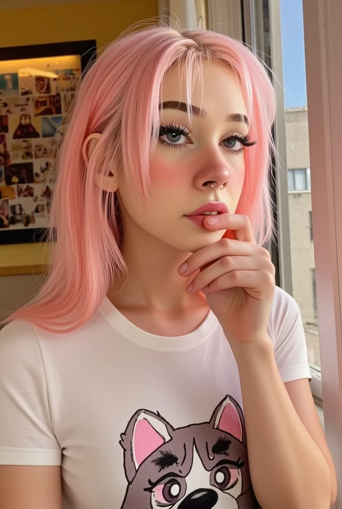 hottie with black power hair, pink hair, photo by full body, blue colored eyes, heart-shaped pupils, insane smile, blood splatters, 1 girl, insane girl in long pink hair, tails, gum princess style, finely detailled, (best qualityer), (details Intricate), cute style, , court jester style, multicolor, ((messy long pink hair in braids)), best qualityer, ((long sleeve shirt and shorts)), ((red and white clothes)), ((court jester style clothes)), ((high socks)), ((round eyes)), ((has jester makeup)), beautiful face, glad, cute face, Poster, face perfect, simple background portrait, clooh listen to letters, gum