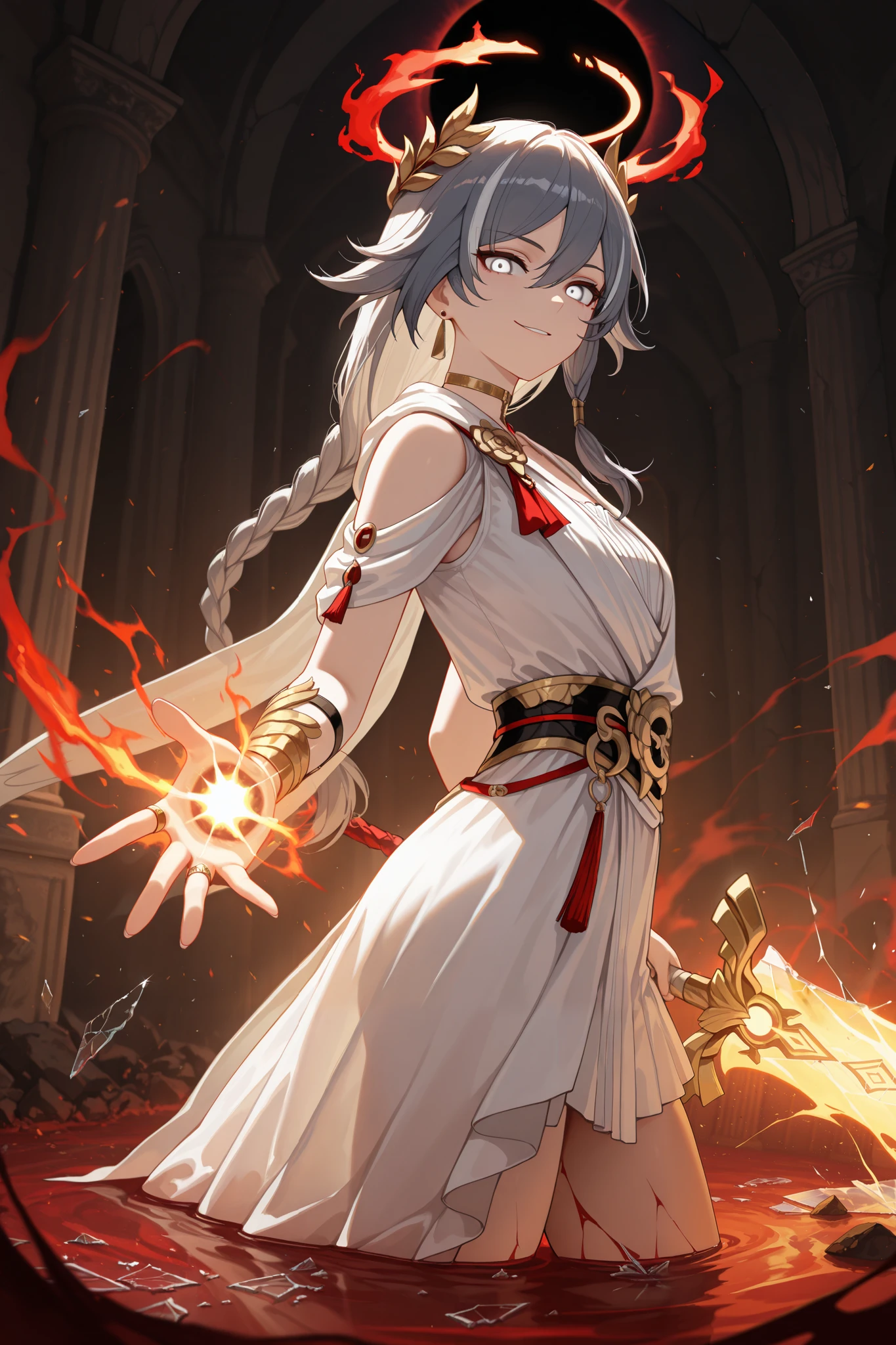 by [|inoitoh||arknights],
1girl, solo, alone, single character, (FuHua, Fol005, Fh_Hos:0.66), ( side shot, dynamic shot, cowboy shot focus, cowboy shot:1.2), inside a sea of blood, tumultuous ocean of blood, arrogant laugh,fu hua, white and gold toga, gray hair, white hair braided hair, multicolored hair, white eyes, ring eyes, broken red and bleeding halo, greco-roman clothes, ancient greek clothes, gold choker, laurel crown, magic, (starlight cosmic energy, ki, chi, excessive magic, chaos magic, void magic:1.4), shattered body, (shattered glass, broken glass, fallen angel aesthetic french dress:1.4), french royalty, french princess, french aristocrat, assassin's creed,
looking at viewer, greco-roman architecture, massive overwhelming blood magic, cursed by gods, smirk, sinister, turned body, pulling a cosmic sword out of a portal, aggressive aura, burning floor, astral sword, black hole, demon moon,
(mature, exquisite detail, 8k, 4k, sharp focus, ultra-detailed, detailed background, absurdres, best quality, amazing quality, very aesthetic, high resolution, newest, hyper-detailed:0.78)
 