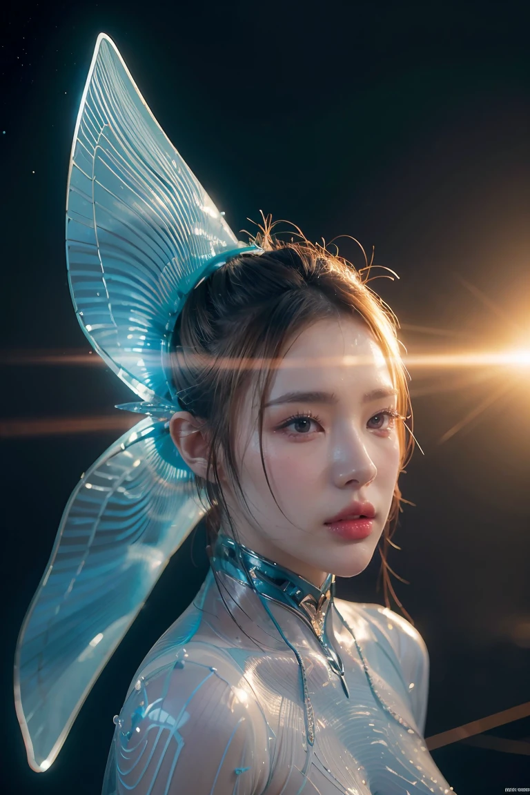 Top Quality, Masterpiece, High Resolution, 8k, wide objective, full body shot, (((skinny cute girl, barely legal, age 14), (oversized silky see-through puffer jacket with plunging Neckline, off-shoulder, short sleeves), mediumperky breasts, extremely detailed face, detailed eyes, thin eyebrow, detailed lips, no makeup, long slick ponytail side shaved hair, small hips, (in a spaceship, on a bed), dim light, dramatic and neon colors, futuristic setting, intricate details, at night, random pose, random neon colors))