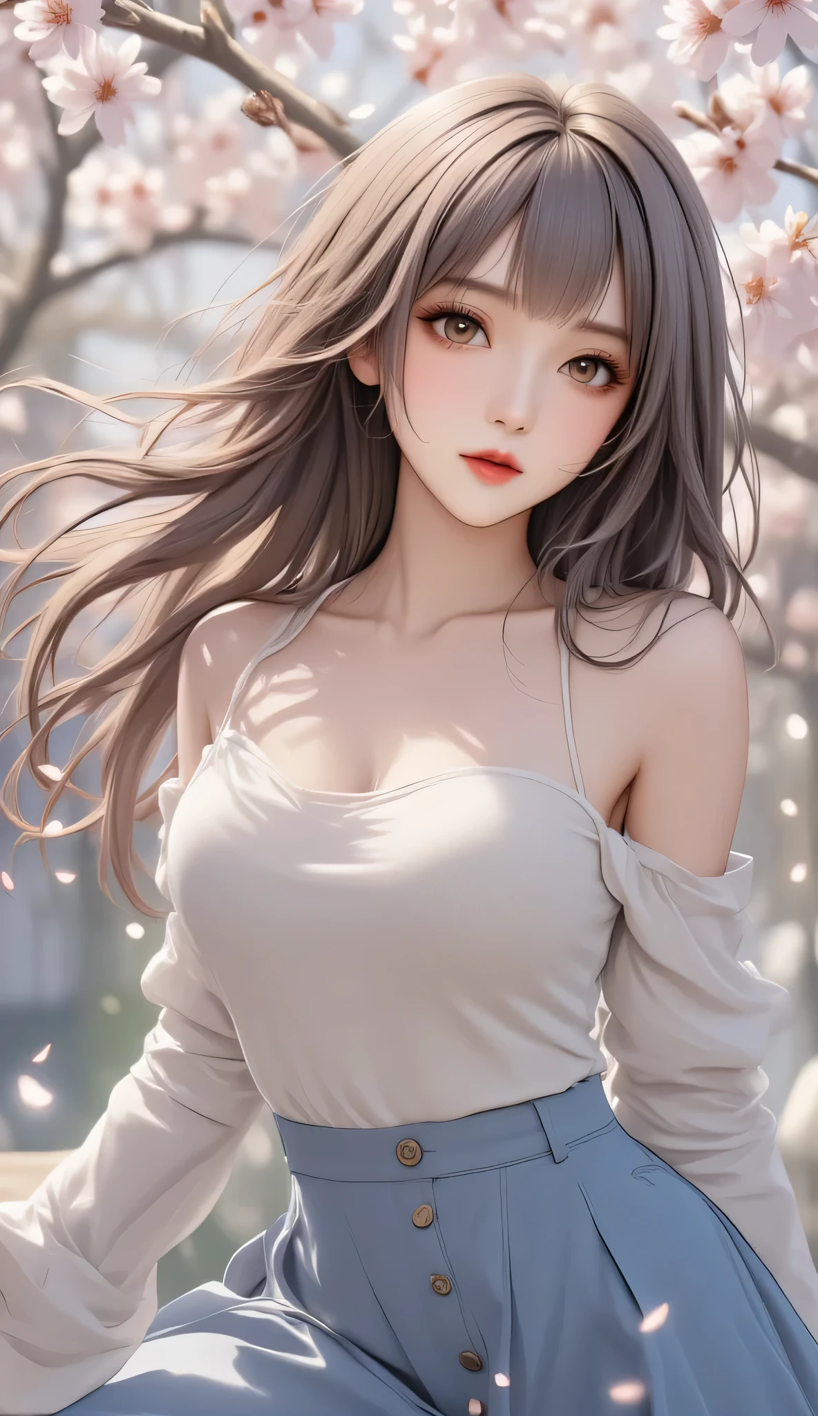 Modern Fashion Asian Beauty,Beautiful scene with fluttering petals,Almond eyes+ shoulder tilt 20 degrees + Delicate Skin ,Long Silver Hair, Smooth and Elegant,Low-cut Slim Knit Top(cream white)+High-waisted A-line skirt(Haze blue),showing a full bust+ Slim Waistline ,Nine Head Body Ratio Long Legs,Lying lazily on a cherry blossom tree,The spring sun shines through the petals,Beautiful scene where the petals dance,natural light effect,Full body composition, 8K Ultra HD ,Anime thick paint style
