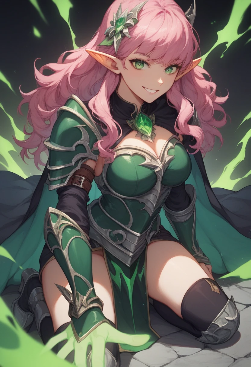 score_9, score_8_up, score_7_up, score_6_up, score_5_up, score_4_up, source_anime, 1 sexy woman, smile , pink hair, braids, white eyes, w-w-chain ,gold shackles, spraed arms, crossed legs, loose hair ,green dress , green thigh boots, heels,night, dungeon, best quality, best res, 4K UHD,
 