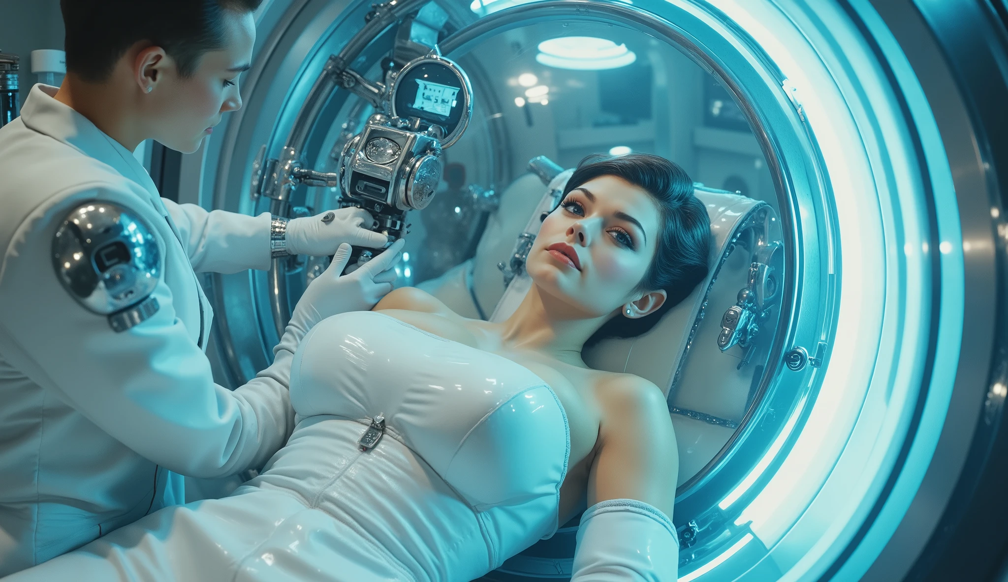 A beautiful woman awakens from a cryogenic sleep inside a transparent capsule lined with neon-blue cooling tubes. A futuristic doctor in a pristine white vinyl uniform and silver gloves adjusts the control panel, while retro-robotic arms scan her vitals. The environment is sleek, sterile, and cinematic.