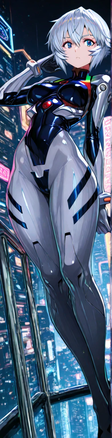 (highest quality:1.2),1 girl,alone,Are standing_Split,white bodysuit,red eyes,pilot suit,short hair,blue hair,bangs,interface headset,turtleneck,hair between eyes,pixelated background,neon light,SF color scheme,Bright colors,metallic texture,detailed shading,Holographic interface,dark atmosphere,high contrast,sharp focus,twig of hair,Reflective surface,exquisite details,High resolution,studio lighting,Red accents,Illuminated surroundings,artificial intelligence assistant