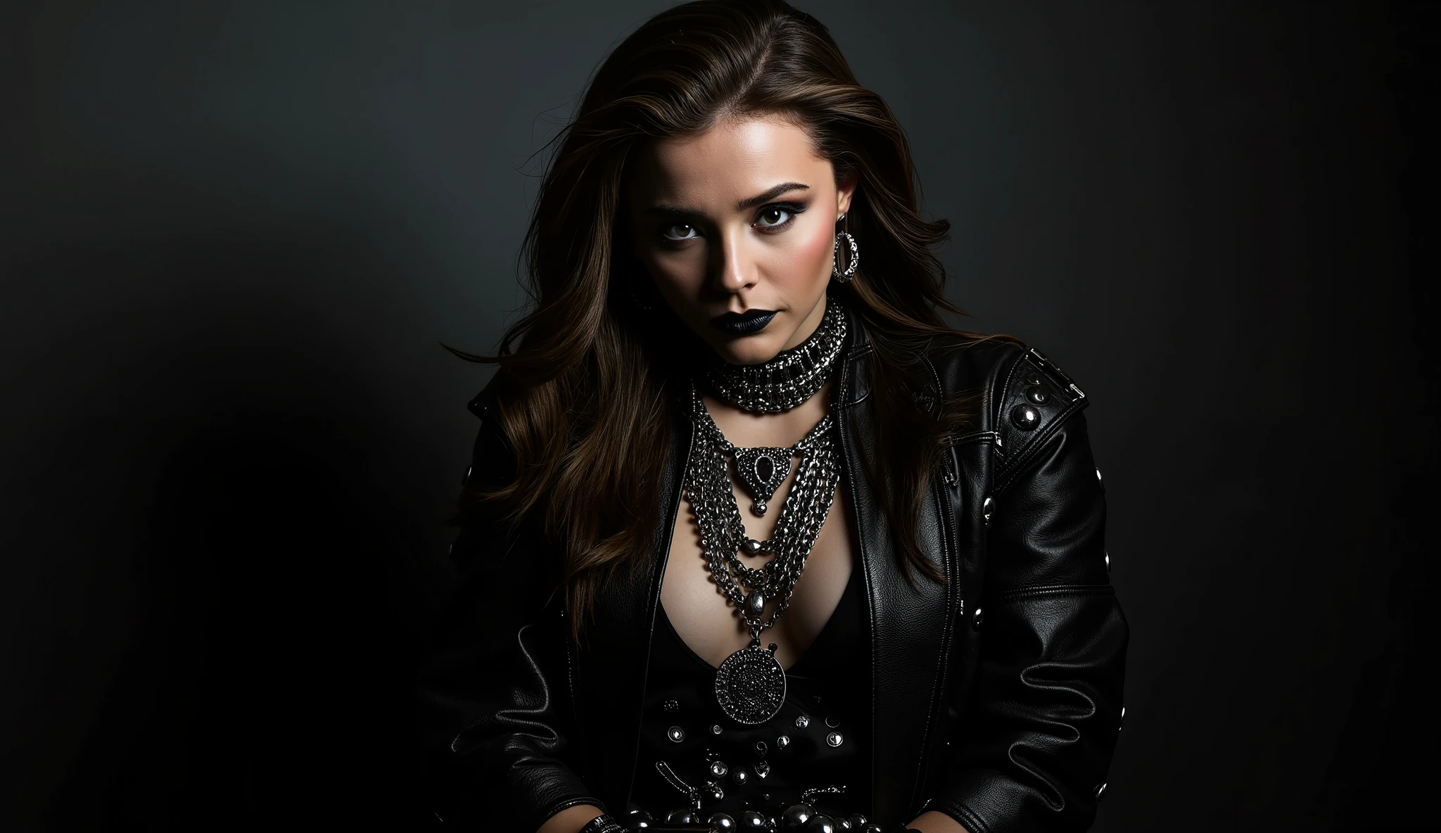 The image presents a striking full-body shot of a stunning escort girl, centered against a dark, moody background that enhances the noir aesthetic. She wears a form-fitting leather outfit, intricately adorned with chains and massive gothic jewelry, including rings, bracelets, and layered necklaces, each piece reflecting a hint of light that contrasts with the overall darkness. Her long, loose hair cascades around her shoulders, framing a flawless face characterized by sharp features and wide-open pupils that convey an intense gaze. The makeup is striking, with dark lips and a light teasing smile that adds a hint of allure. Surrounding her is a soft, shadowy backdrop that emphasizes the depth and richness of the scene, enhancing the dramatic effect. The texture of the leather outfit contrasts with the smoothness of her skin, while the metallic glint of the jewelry catches the eye. The composition is balanced, with the girl positioned centrally, drawing attention immediately. The perspective is slightly low, giving her an imposing presence. The lighting is dim and atmospheric, with subtle highlights on her face and jewelry, creating a chiaroscuro effect that accentuates her features and the intricate details of her attire. Keywords: noir aesthetic, full-body shot, dramatic lighting, gothic jewelry, leather outfit, shadowy background, intense gaze, alluring smile, low perspective, chiaroscuro effect, rich textures, balanced composition.